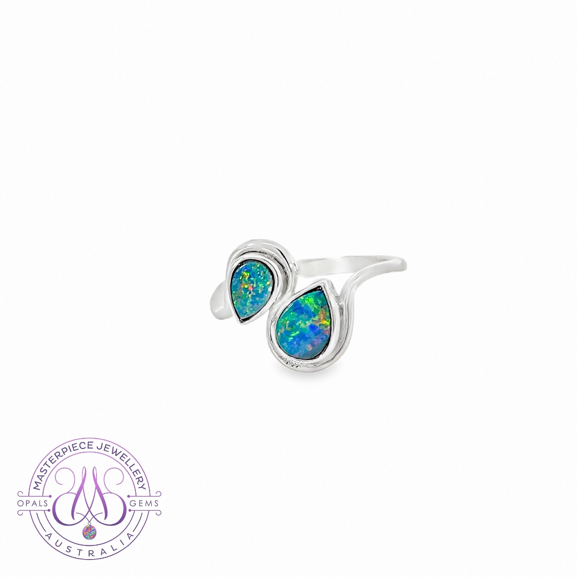 Sterling Silver cross over double pearshape Opal doublet ring