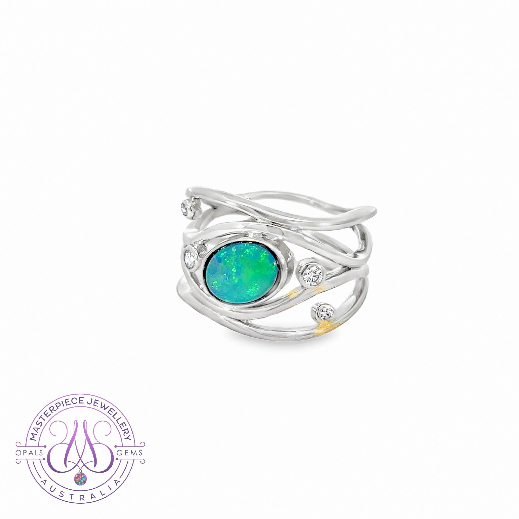 Sterling Silver wave 4 band pattern green flash opal doublet ring