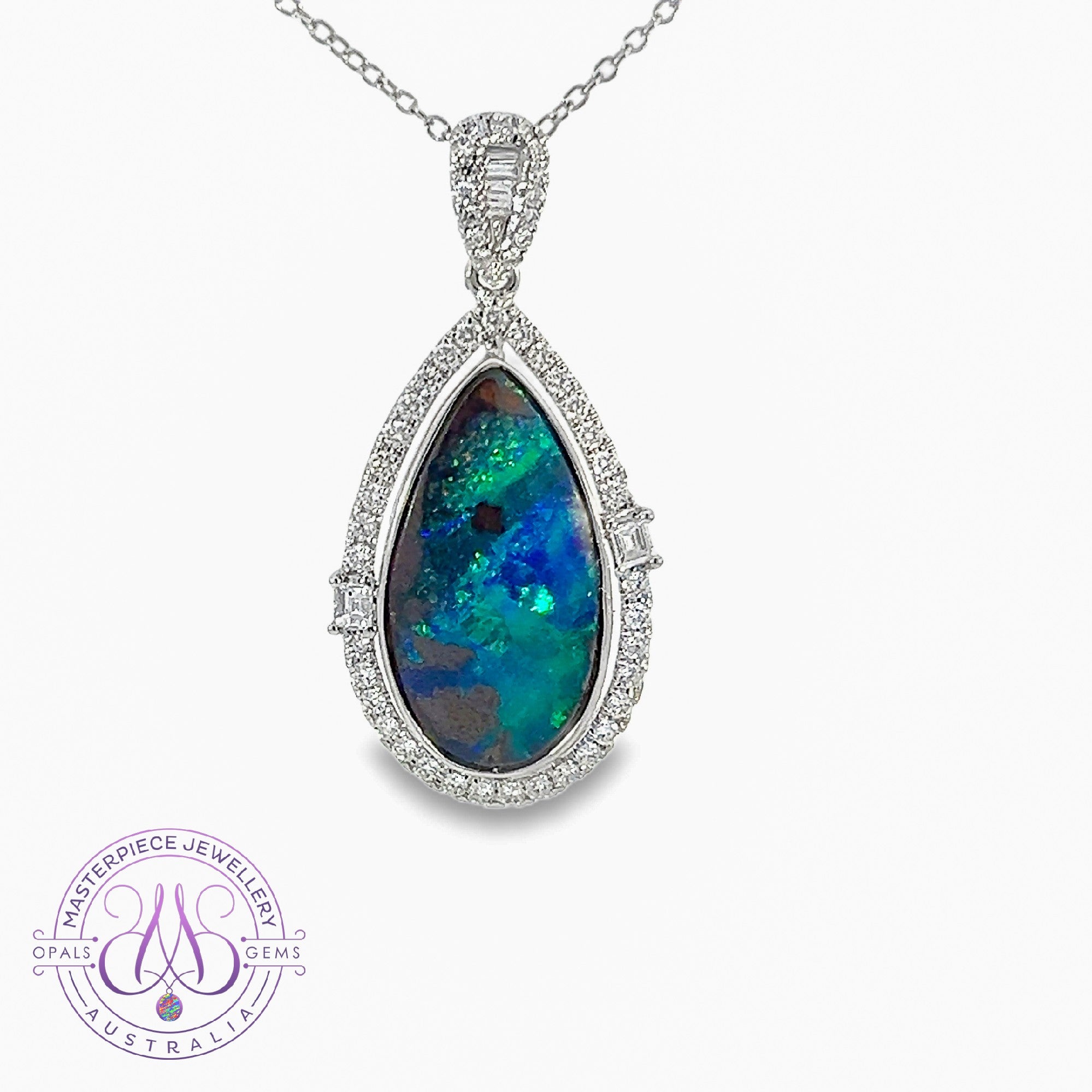 18kt White Gold Boulder Opal 7.45ct and diamond 0.58ct pendant