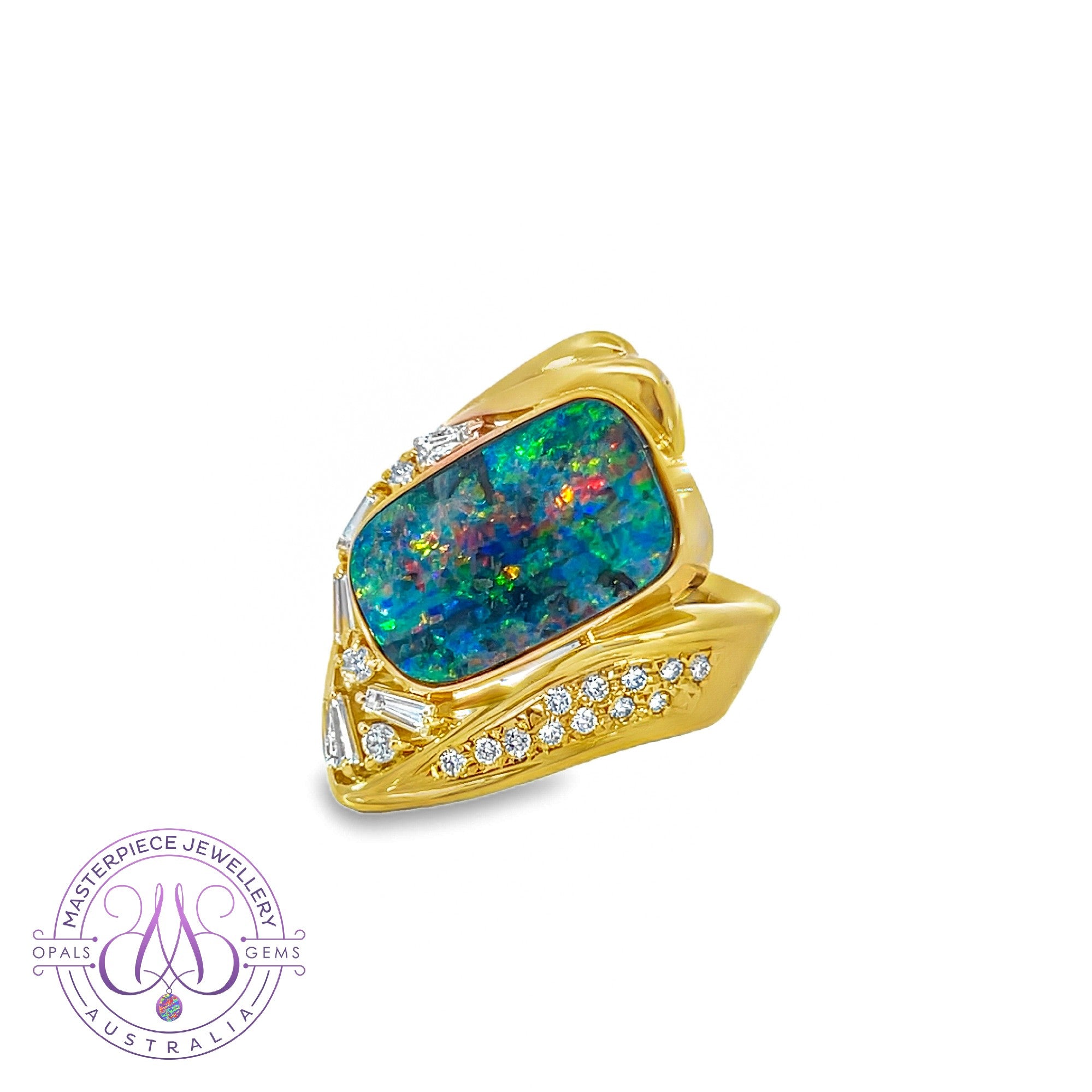 18kt Yellow Gold Boulder Opal 5.53ct and diamond ring