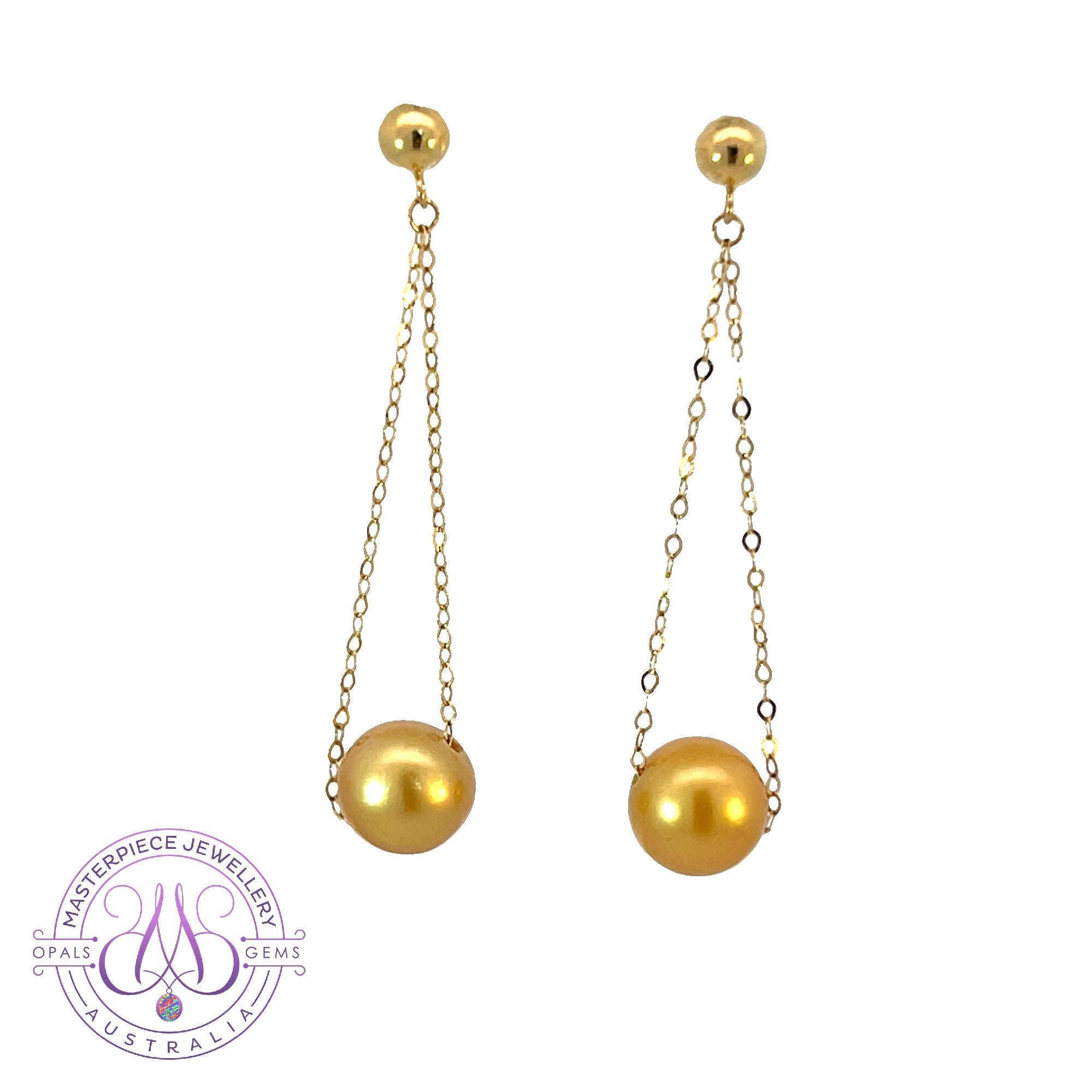 18kt Yellow Gold dangling South Sea Golden 7-8mm Pearl earrings