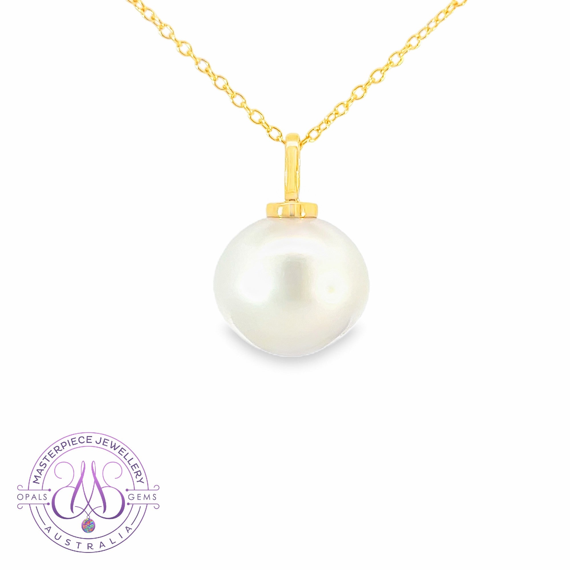 18kt Yellow Gold solitaire South Sea White Pearl 14mm pendant