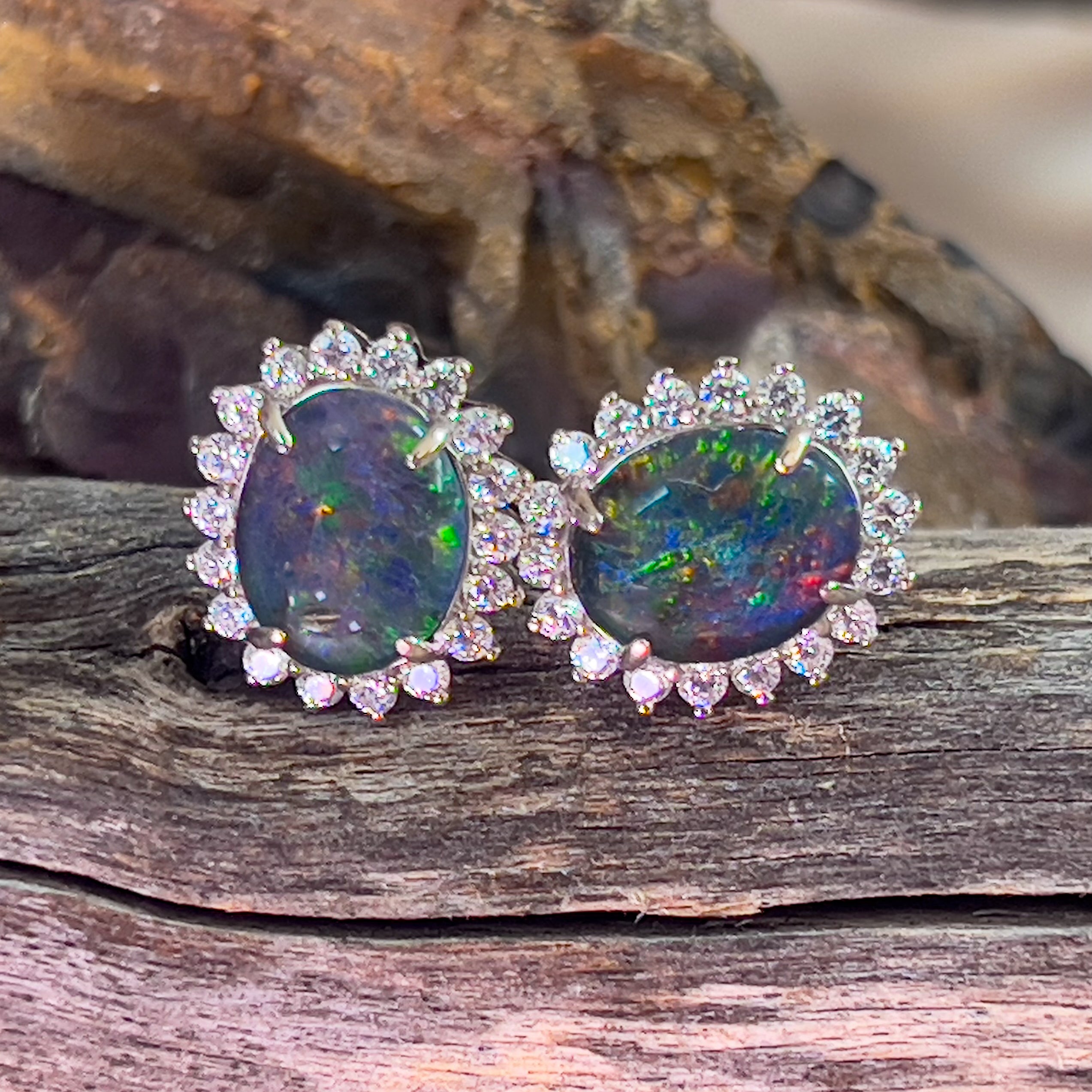 Sterling Silver 10x8mm Opal triplet cluster earrings studs - Masterpiece Jewellery Opal & Gems Sydney Australia | Online Shop