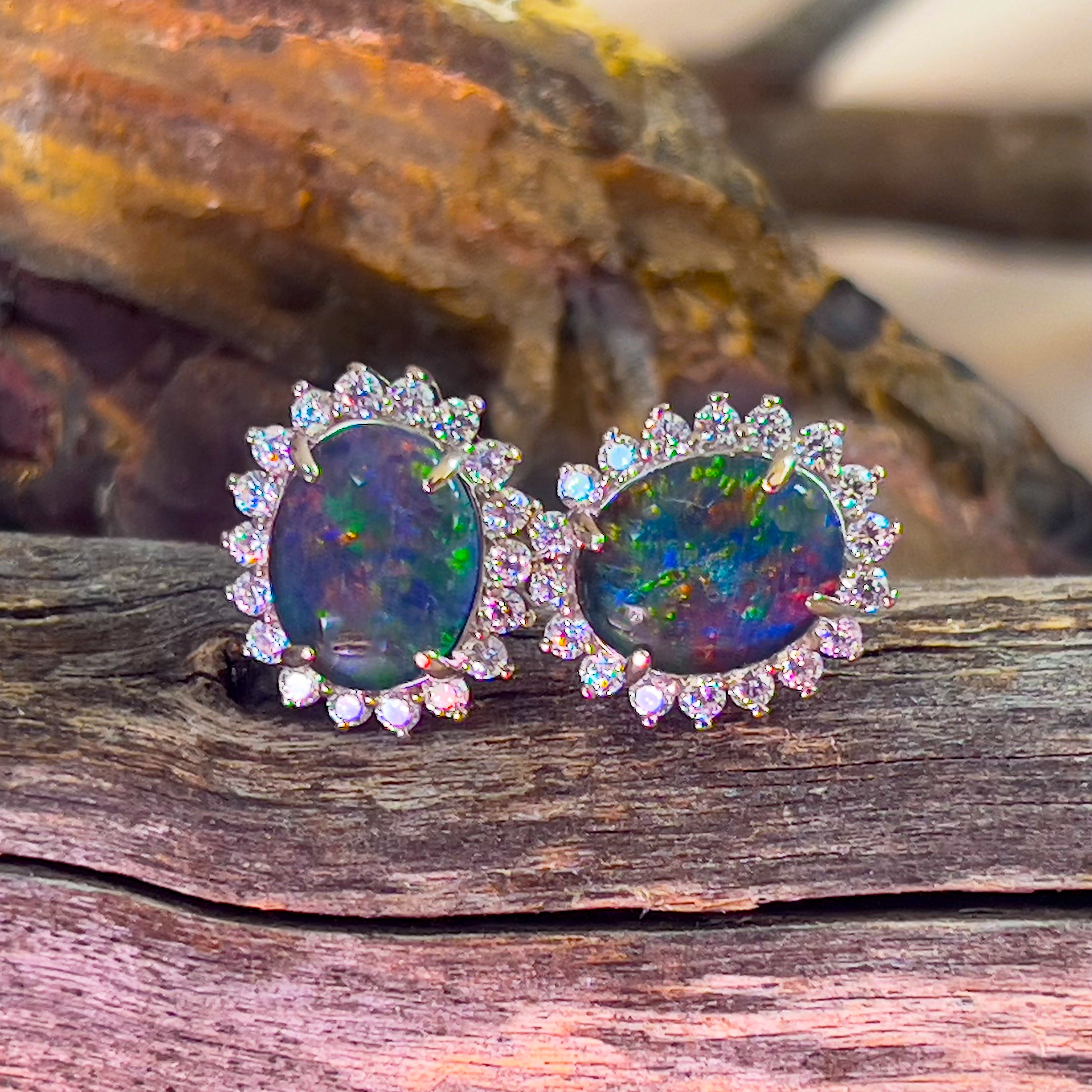 Sterling Silver 10x8mm Opal triplet cluster earrings studs - Masterpiece Jewellery Opal & Gems Sydney Australia | Online Shop