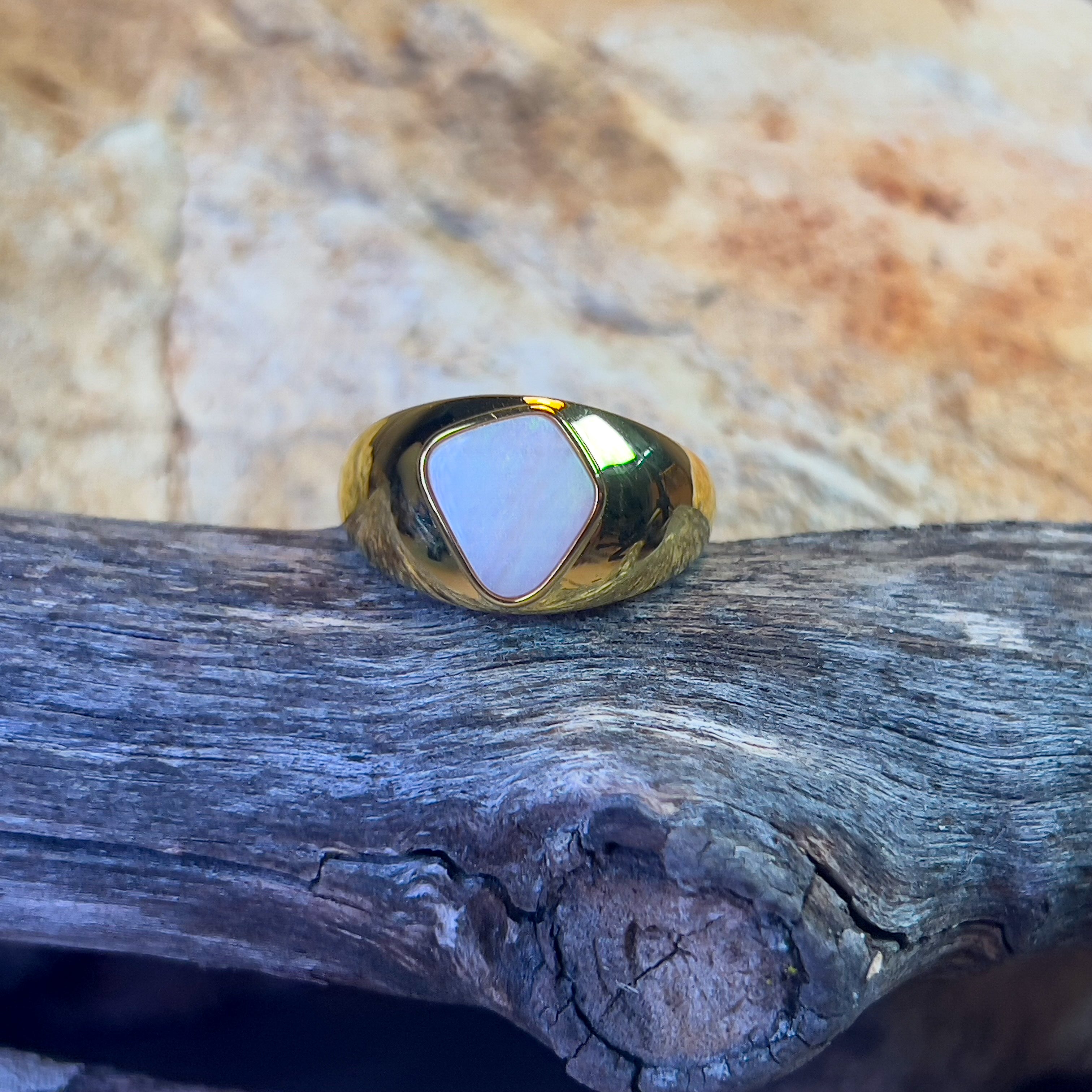 Gold Plated Sterling Silver White Opal 1.76ct bezel set ring - Masterpiece Jewellery Opal & Gems Sydney Australia | Online Shop
