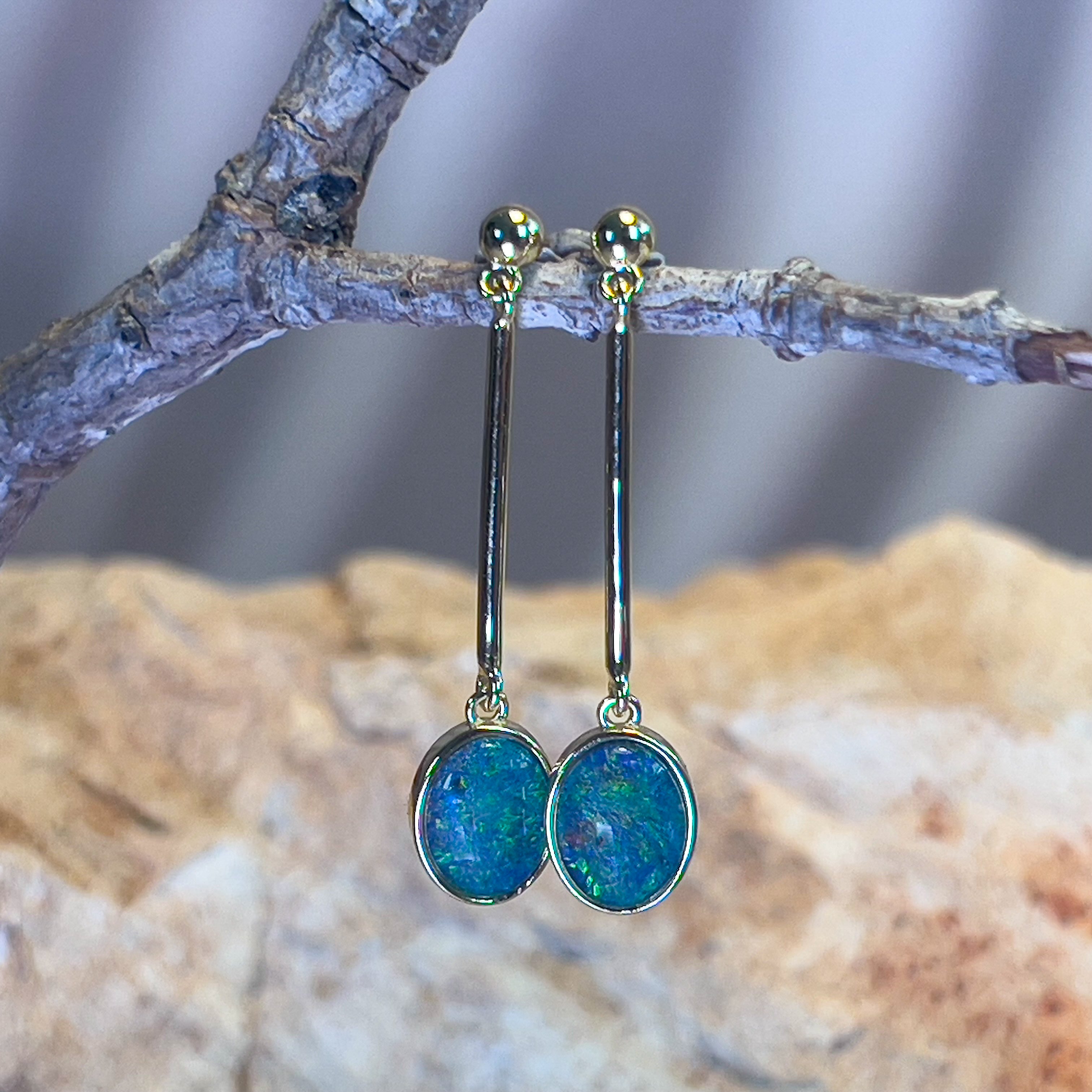 Gold Plated Sterling Silver Dangle earrings 9x7mm Triplet Opals - Masterpiece Jewellery Opal & Gems Sydney Australia | Online Shop