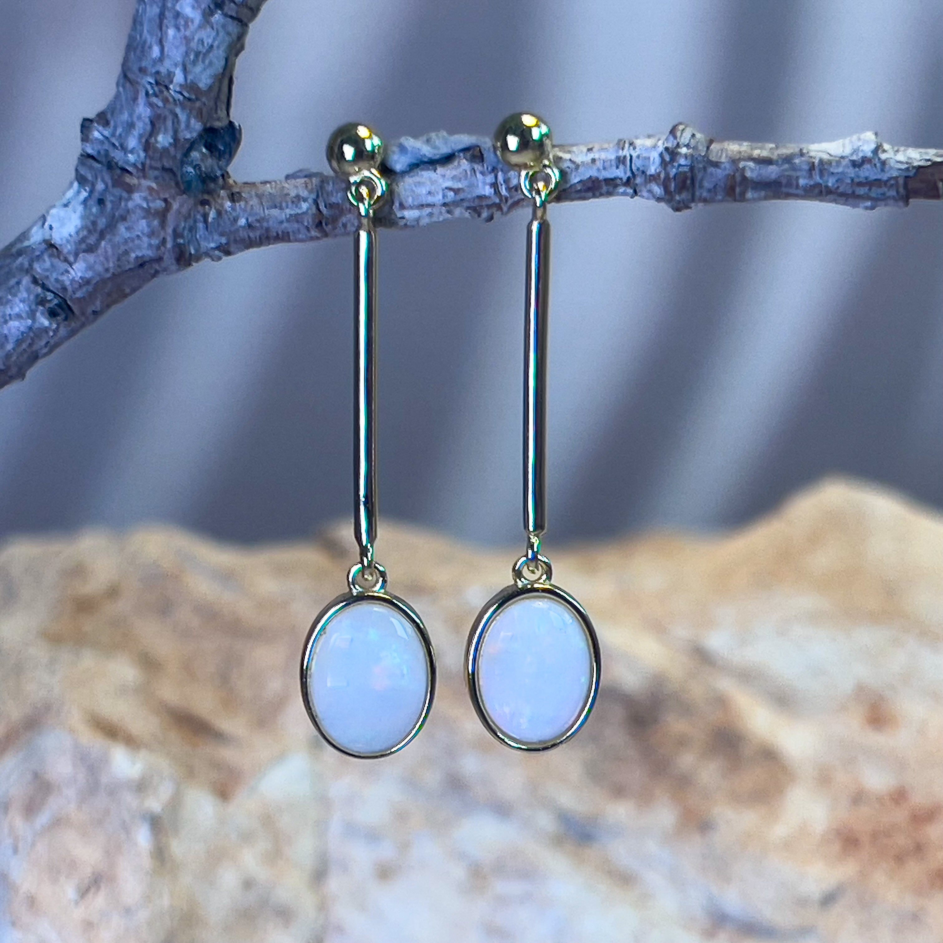Gold Plated long bar dangling earrings with White Opals 9x7mm - Masterpiece Jewellery Opal & Gems Sydney Australia | Online Shop