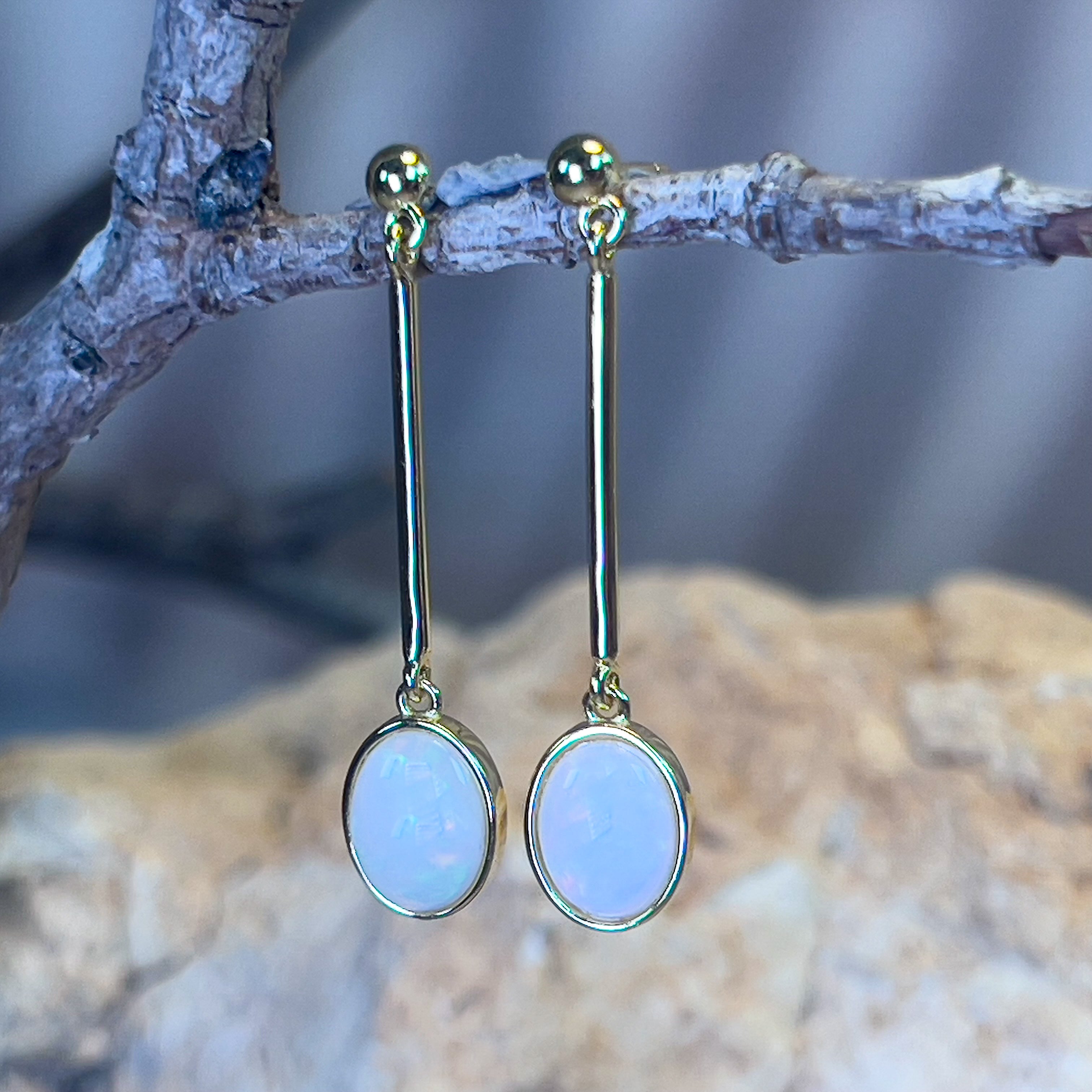 Gold Plated long bar dangling earrings with White Opals 9x7mm - Masterpiece Jewellery Opal & Gems Sydney Australia | Online Shop