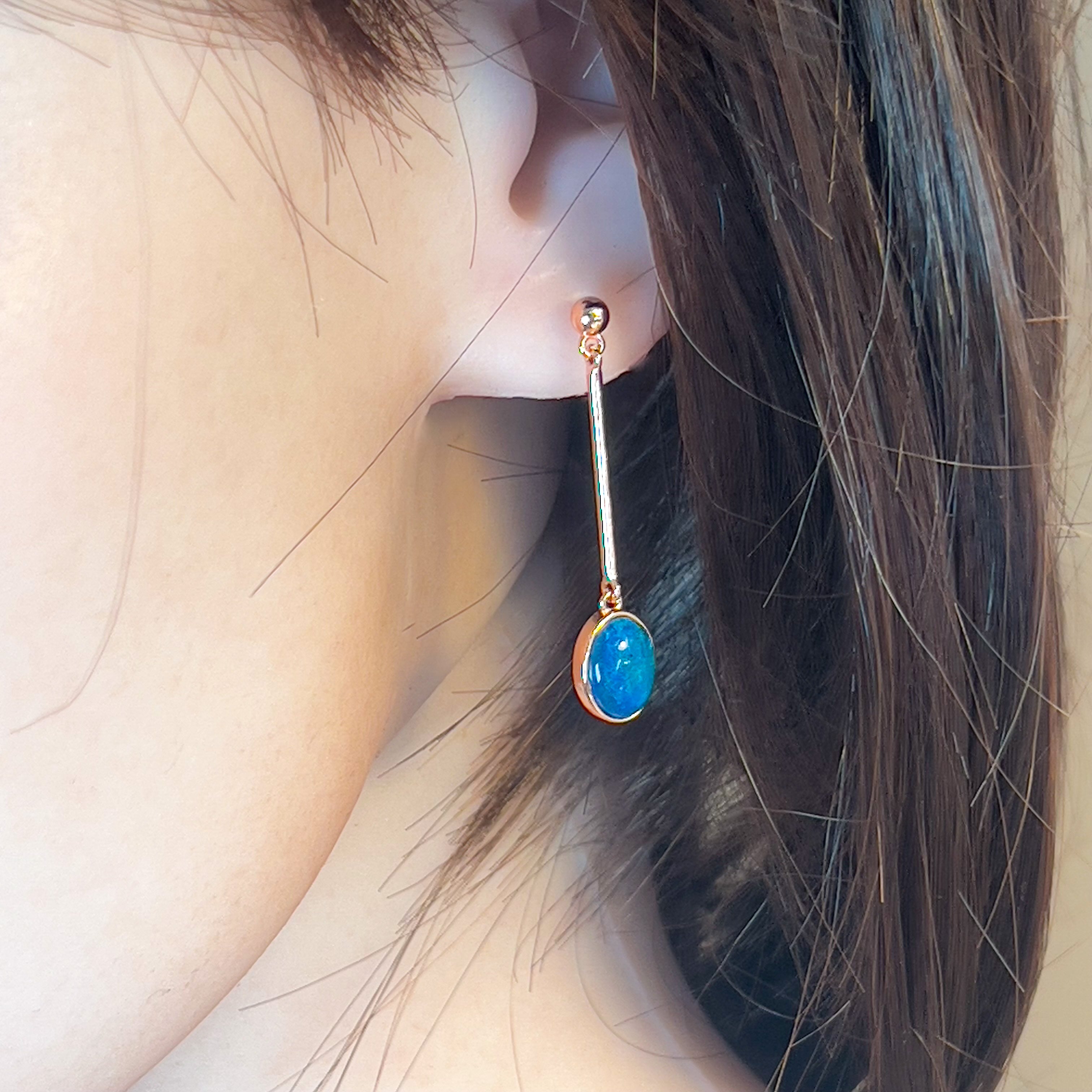 Rose Gold Plated 9x7mm Opal triplet dangling bezel set earrings - Masterpiece Jewellery Opal & Gems Sydney Australia | Online Shop