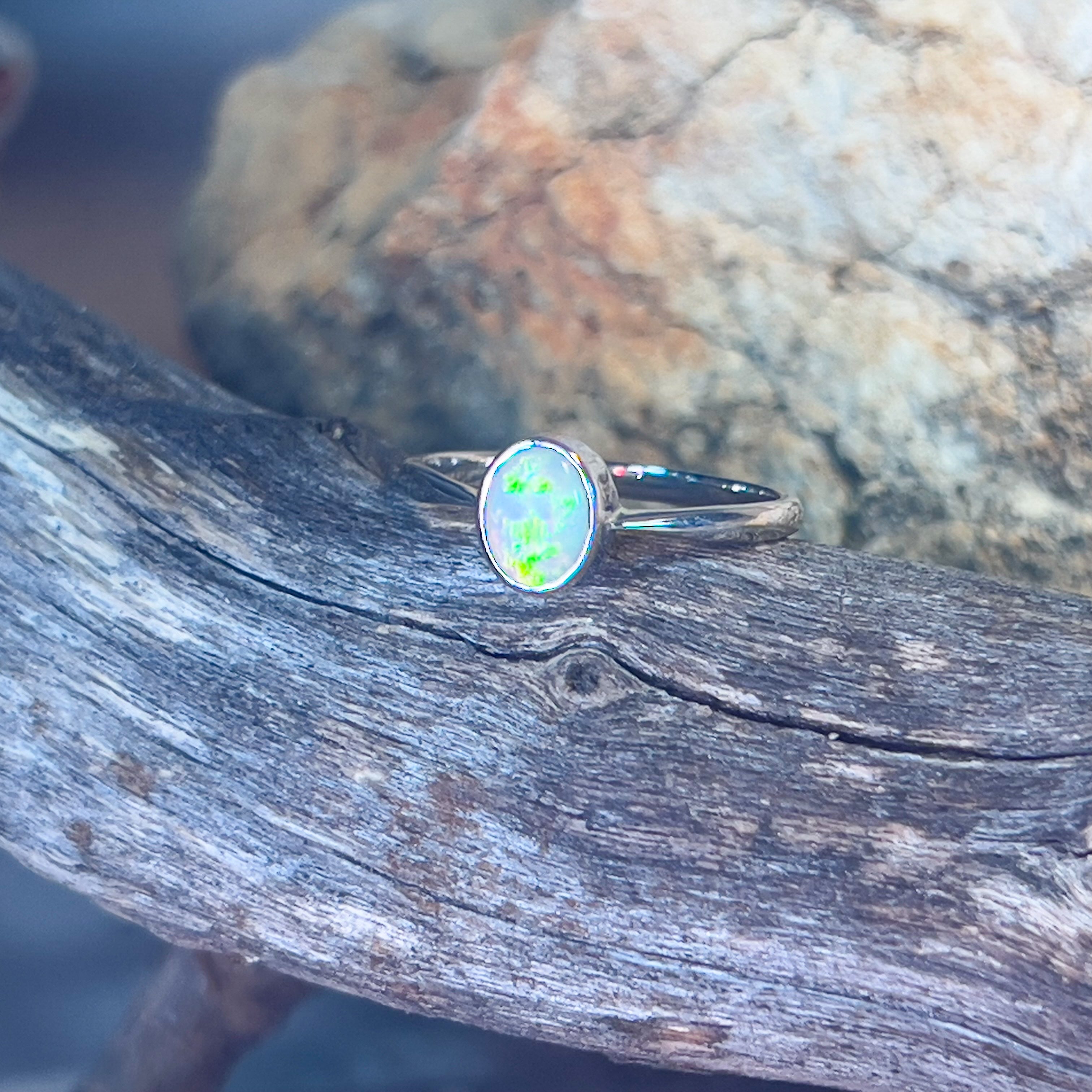 14kt White Gold 0.48ct crystal Opal solitaire bezel set ring - Masterpiece Jewellery Opal & Gems Sydney Australia | Online Shop