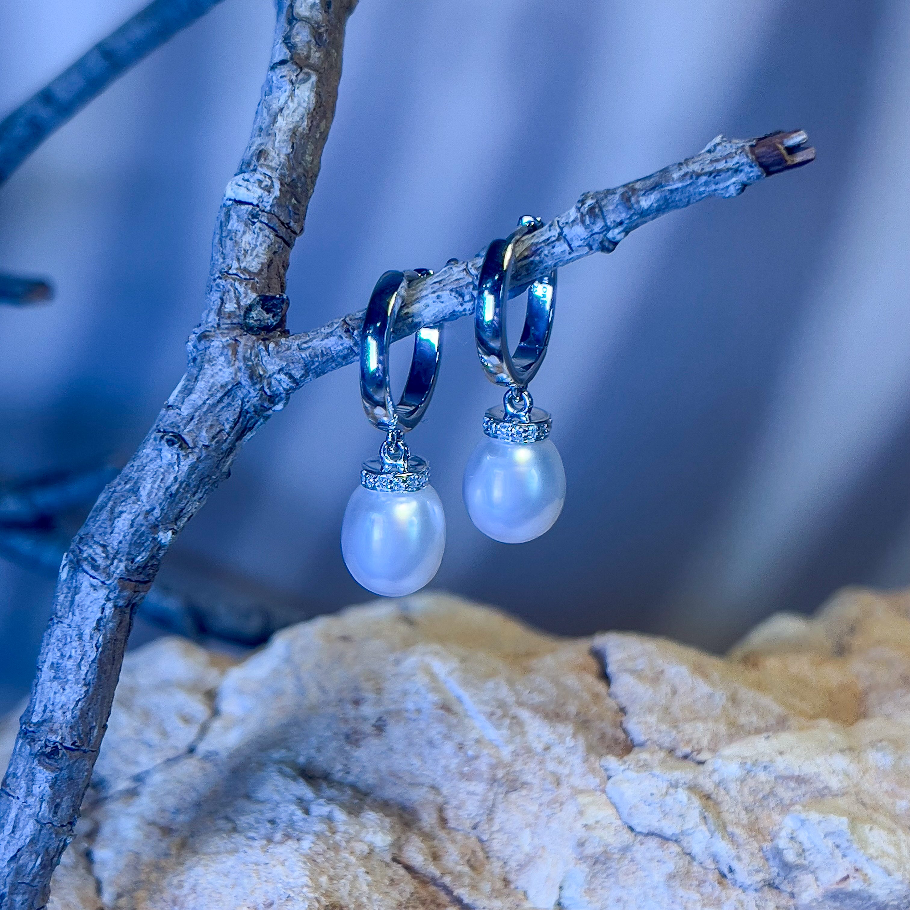 Sterling Silver drop 8mm South Sea Pearl huggie style earrings - Masterpiece Jewellery Opal & Gems Sydney Australia | Online Shop