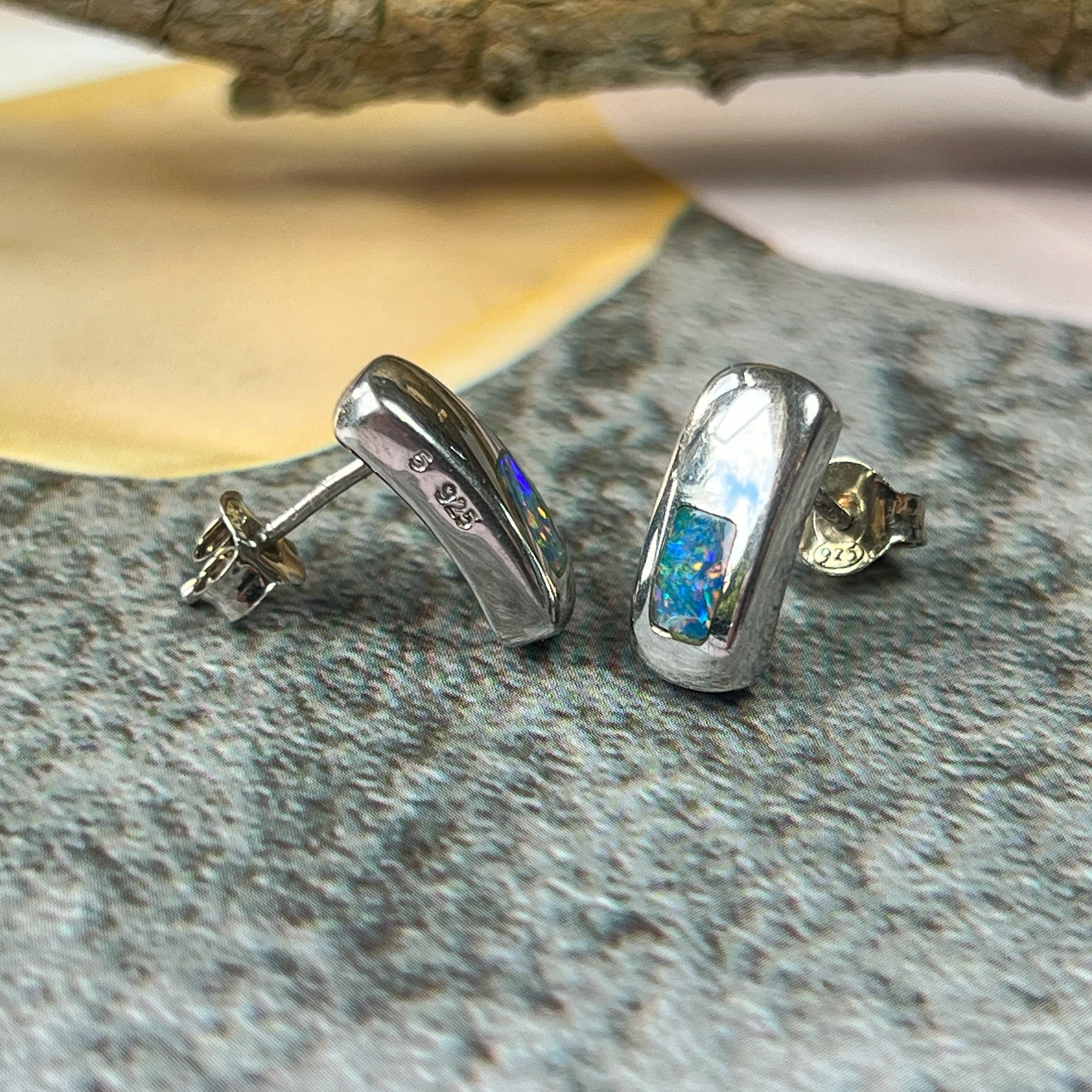 Silver Inlay Opal Earrings - Dainty & Cute Handmade Studs, Minimalist Opal Jewelry, Perfect Birthstone Gift for Her - Masterpiece Jewellery Opal & Gems Sydney Australia | Online Shop