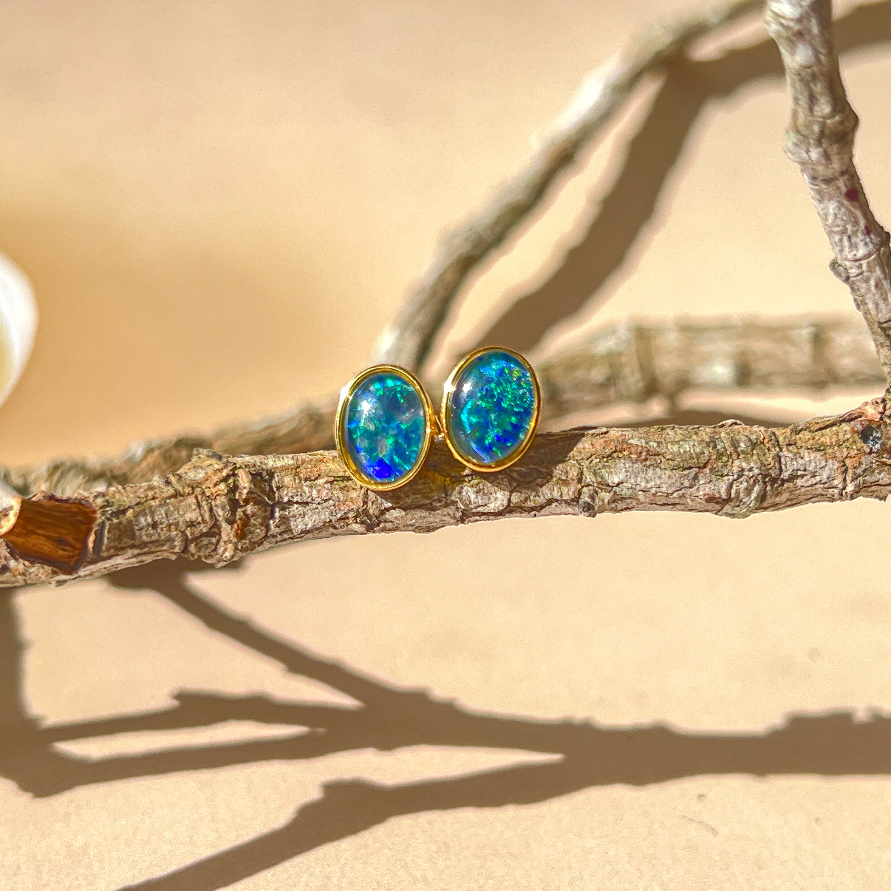 Silver Gold plated 8X6mm Opal Triplet studs - Masterpiece Jewellery Opal & Gems Sydney Australia | Online Shop