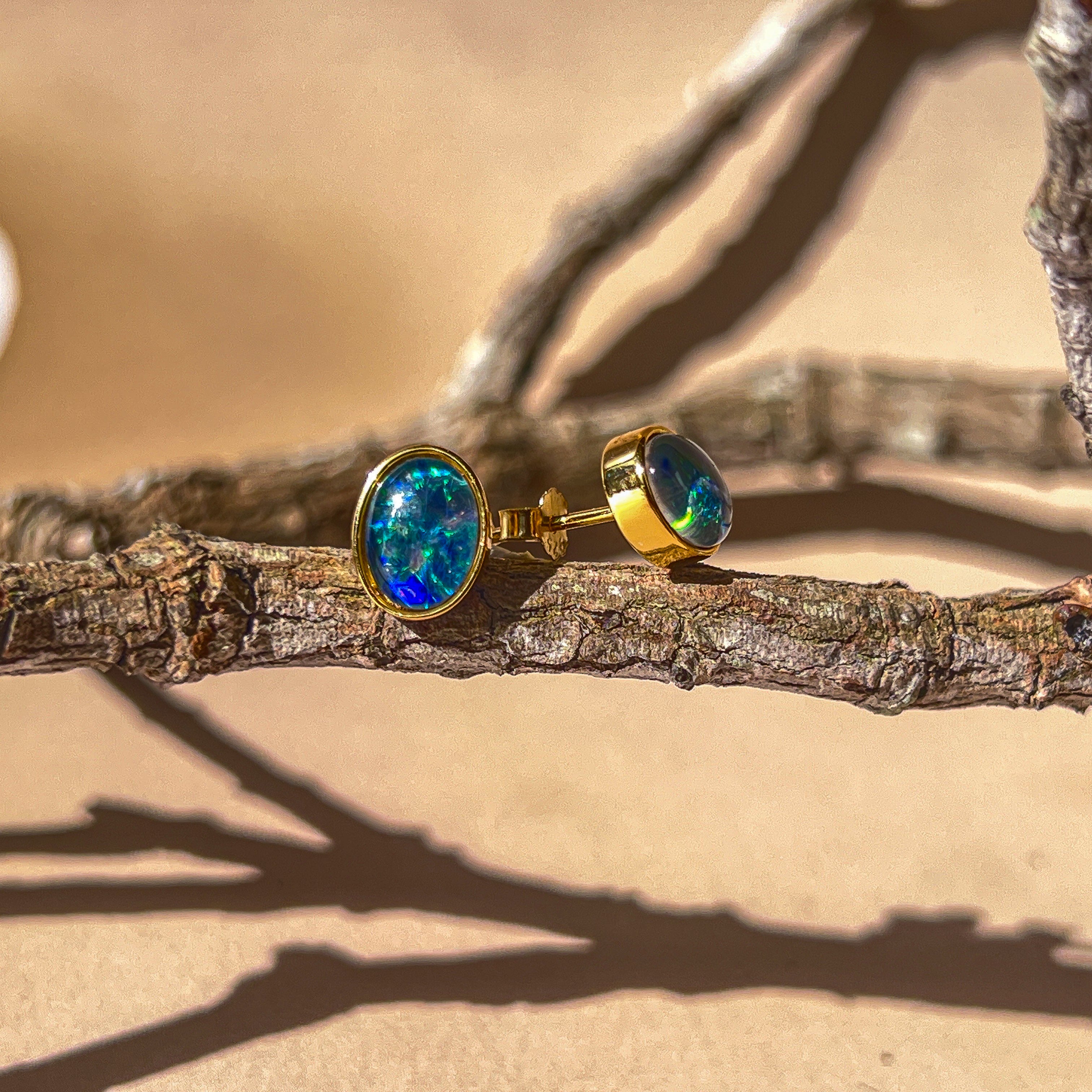 Silver Gold plated 8X6mm Opal Triplet studs - Masterpiece Jewellery Opal & Gems Sydney Australia | Online Shop