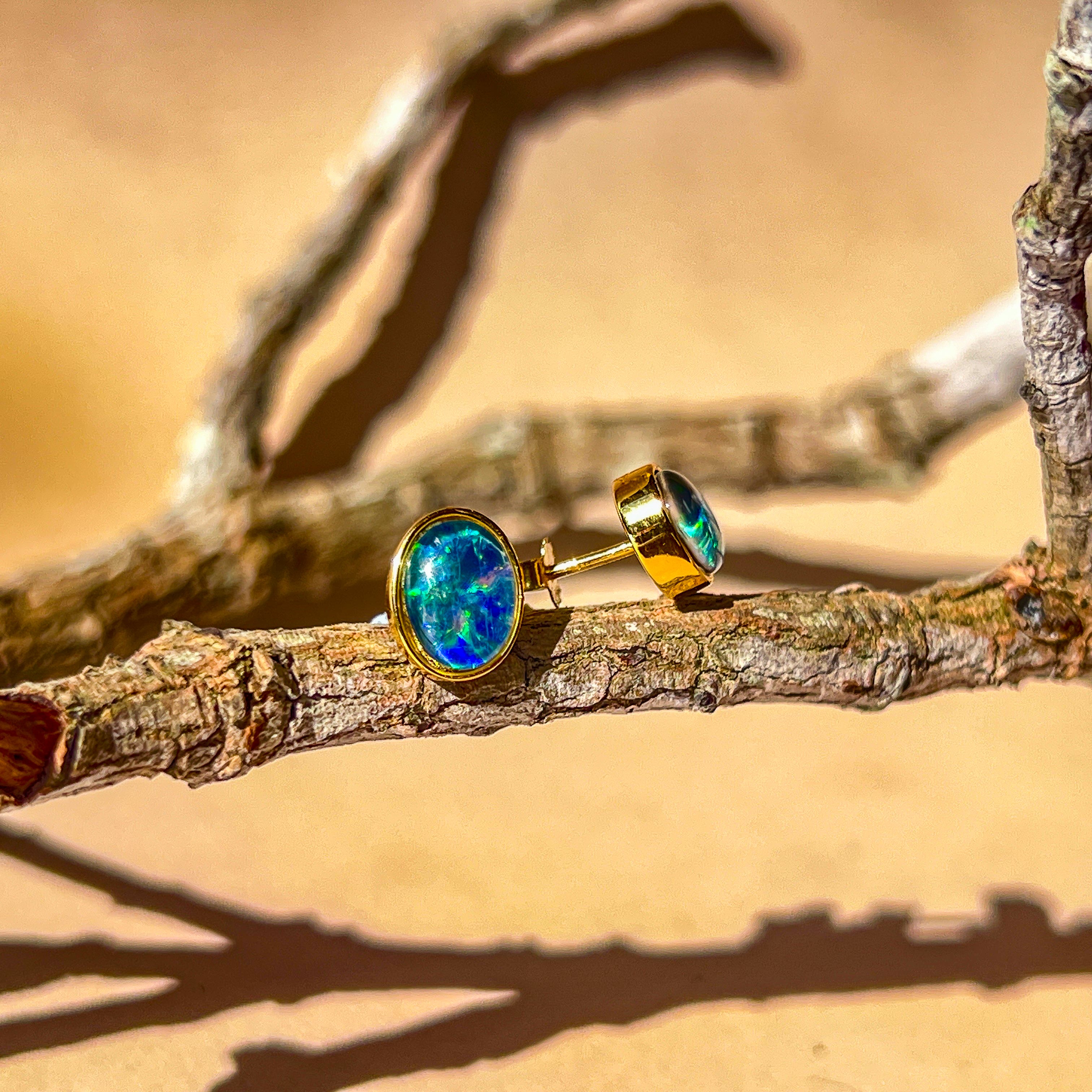 Silver Gold plated 8X6mm Opal Triplet studs - Masterpiece Jewellery Opal & Gems Sydney Australia | Online Shop