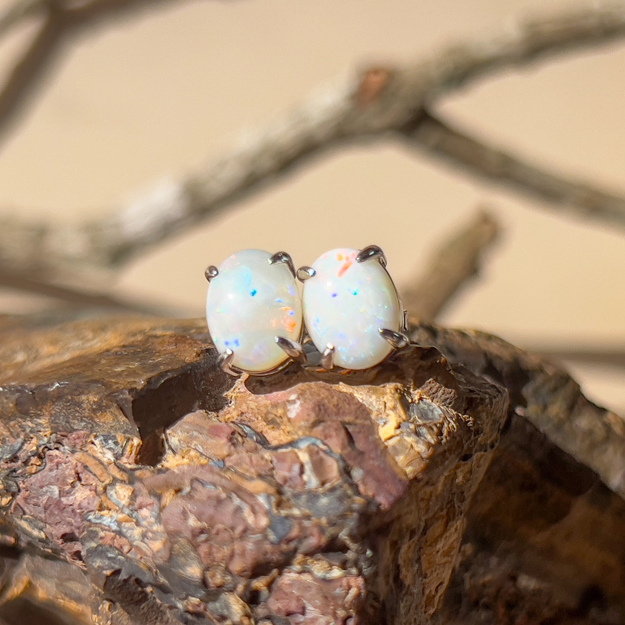 Sterling Silver White Opal studs 9x7mm - Masterpiece Jewellery Opal & Gems Sydney Australia | Online Shop