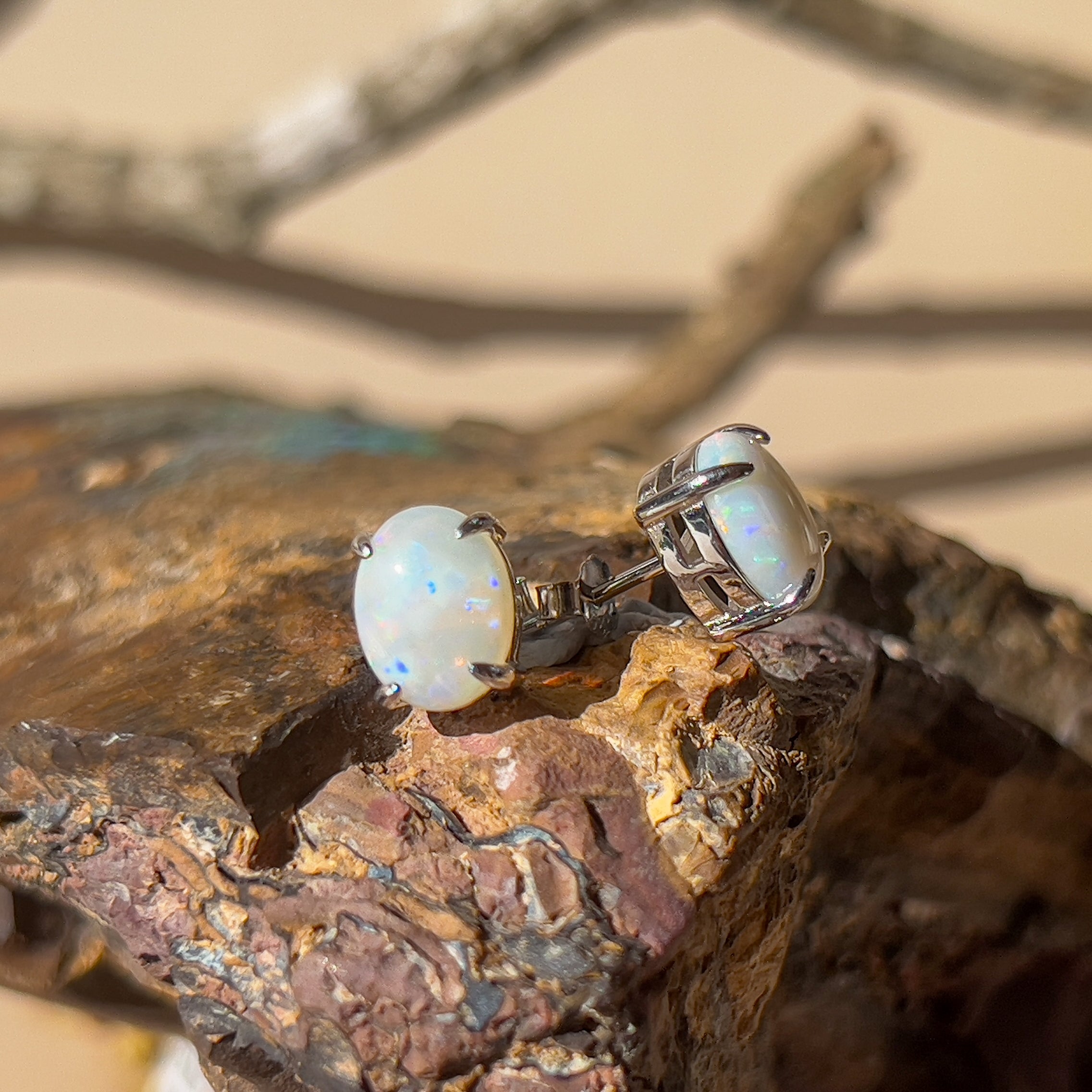 Sterling Silver White Opal studs 9x7mm - Masterpiece Jewellery Opal & Gems Sydney Australia | Online Shop