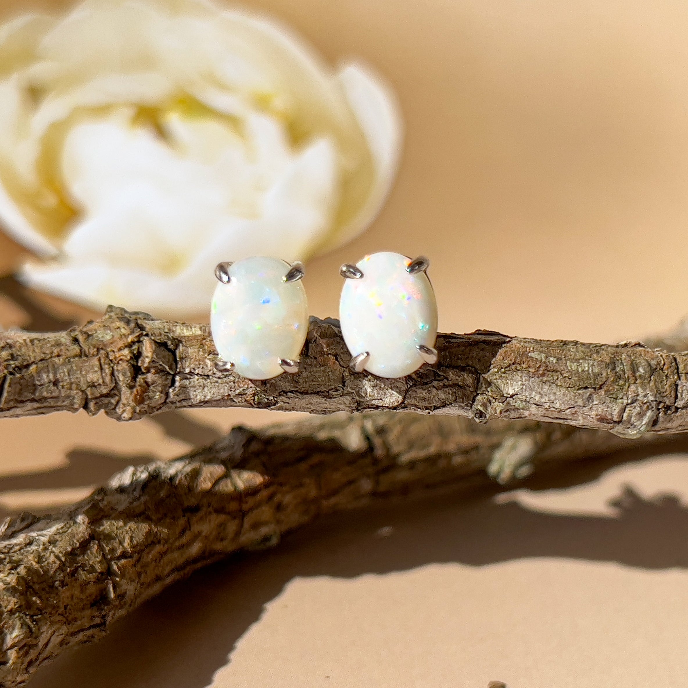 Sterling Silver White Opal studs 9x7mm - Masterpiece Jewellery Opal & Gems Sydney Australia | Online Shop