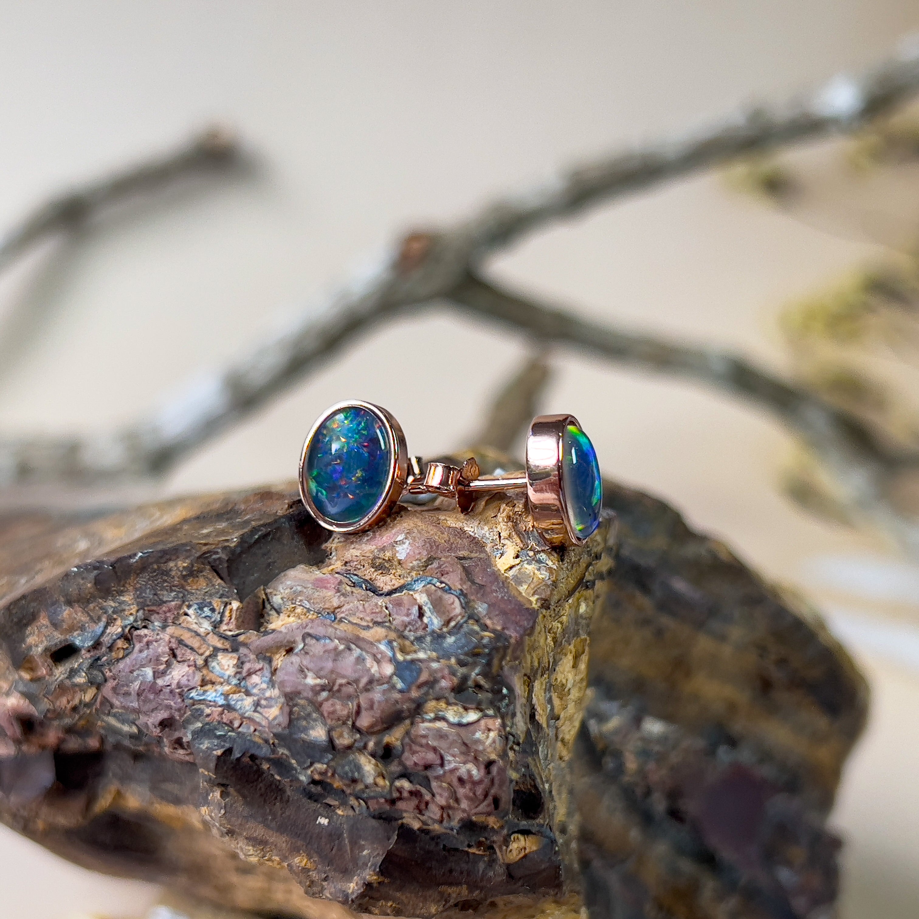 Pair of Rose Gold plated sterling silver 8x6mm Triplet Opal earrings bezel set - Masterpiece Jewellery Opal & Gems Sydney Australia | Online Shop