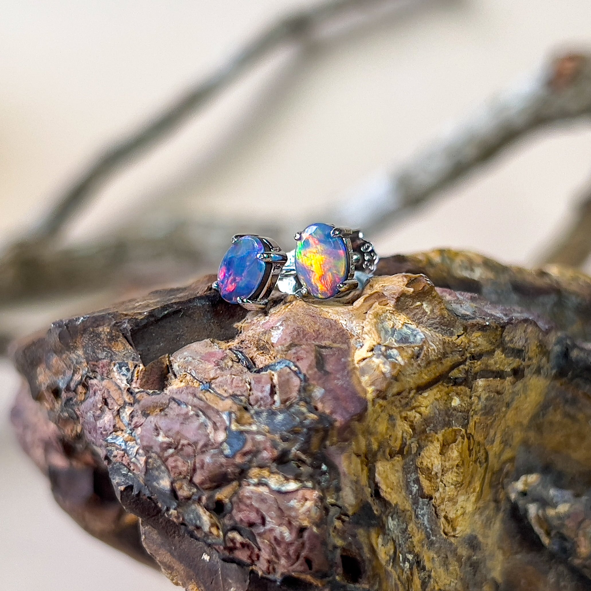 Pair of Sterling Silver doublet 6x4mm Opal earrings studs - Masterpiece Jewellery Opal & Gems Sydney Australia | Online Shop