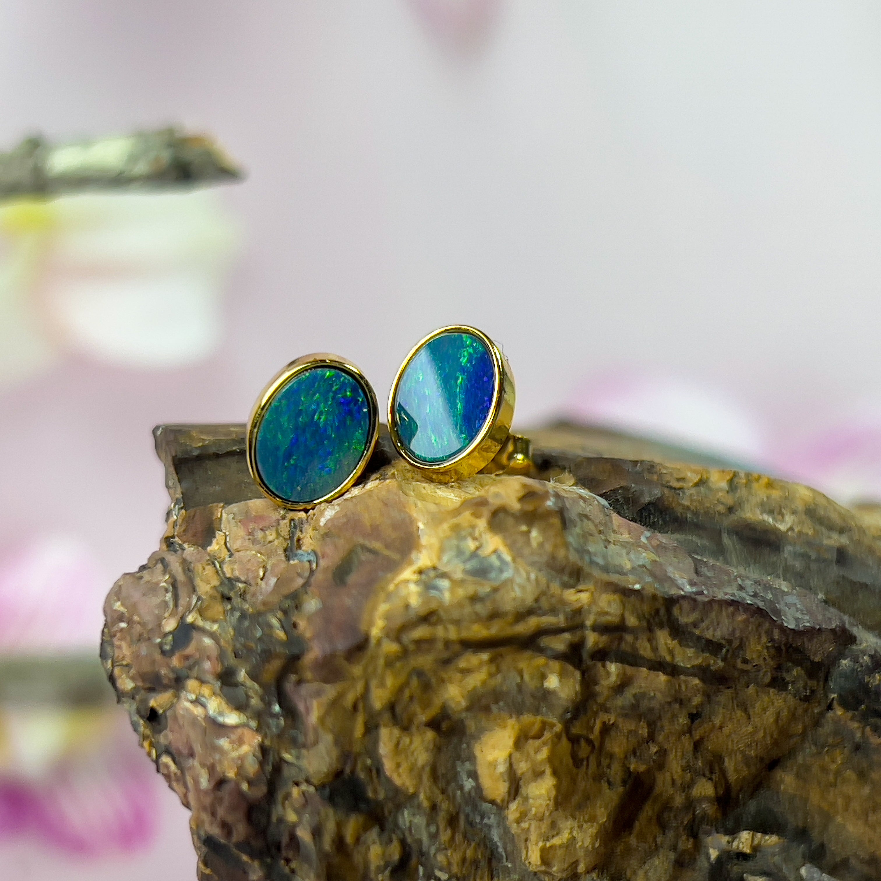 Sterling Silver Gold Plated Opal doublet 8x6mm bezel set style earrings - Masterpiece Jewellery Opal & Gems Sydney Australia | Online Shop