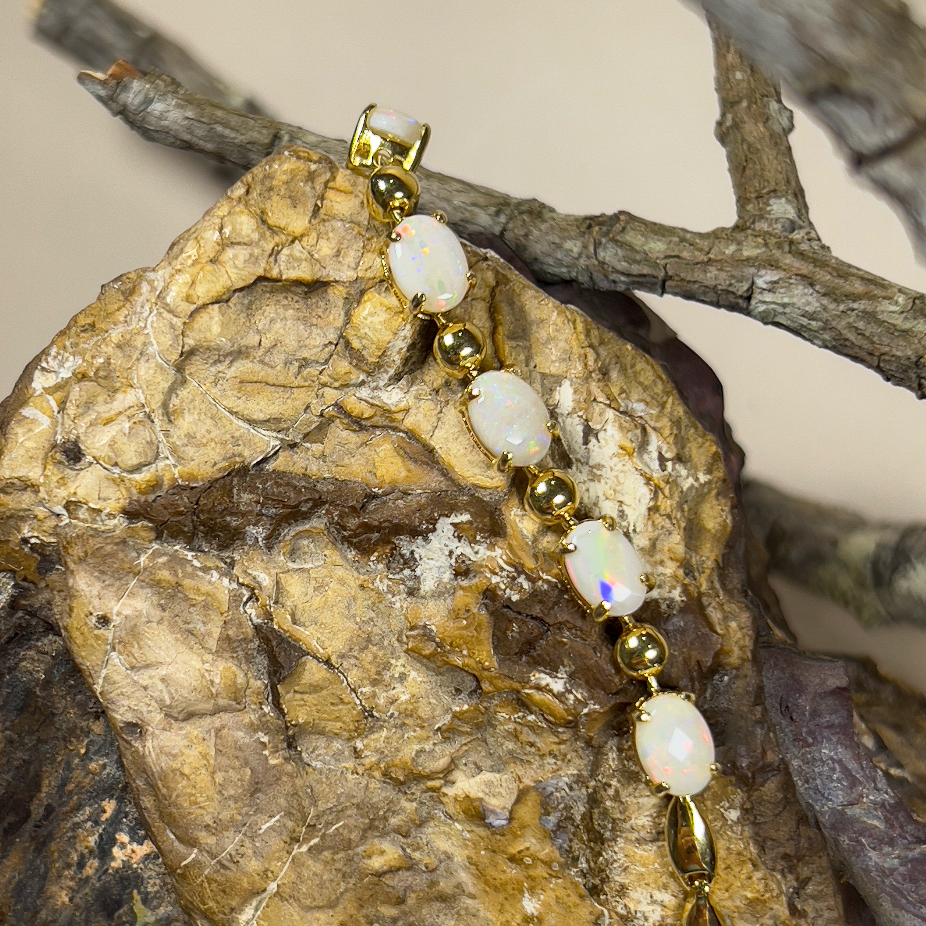 Gold plated Sterling Silver 7x5mm White Opal and ball alternating bracelet - Masterpiece Jewellery Opal & Gems Sydney Australia | Online Shop