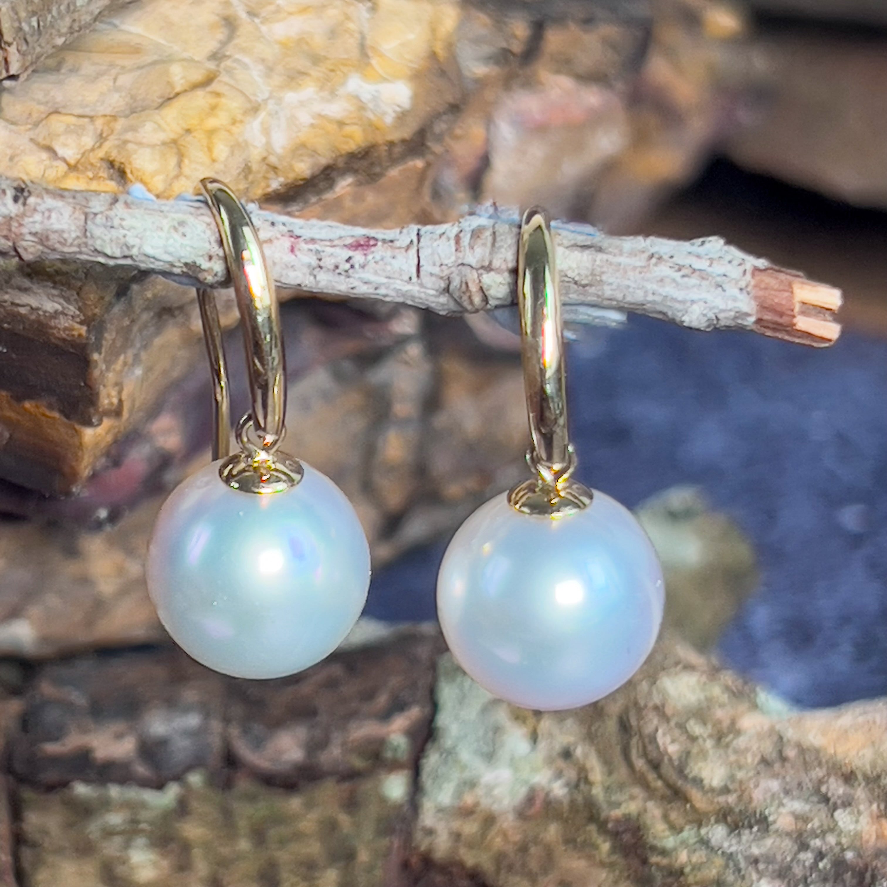 Pair of 10-11mm South Sea 18kt Yellow gold dangling hook earrings - Masterpiece Jewellery Opal & Gems Sydney Australia | Online Shop