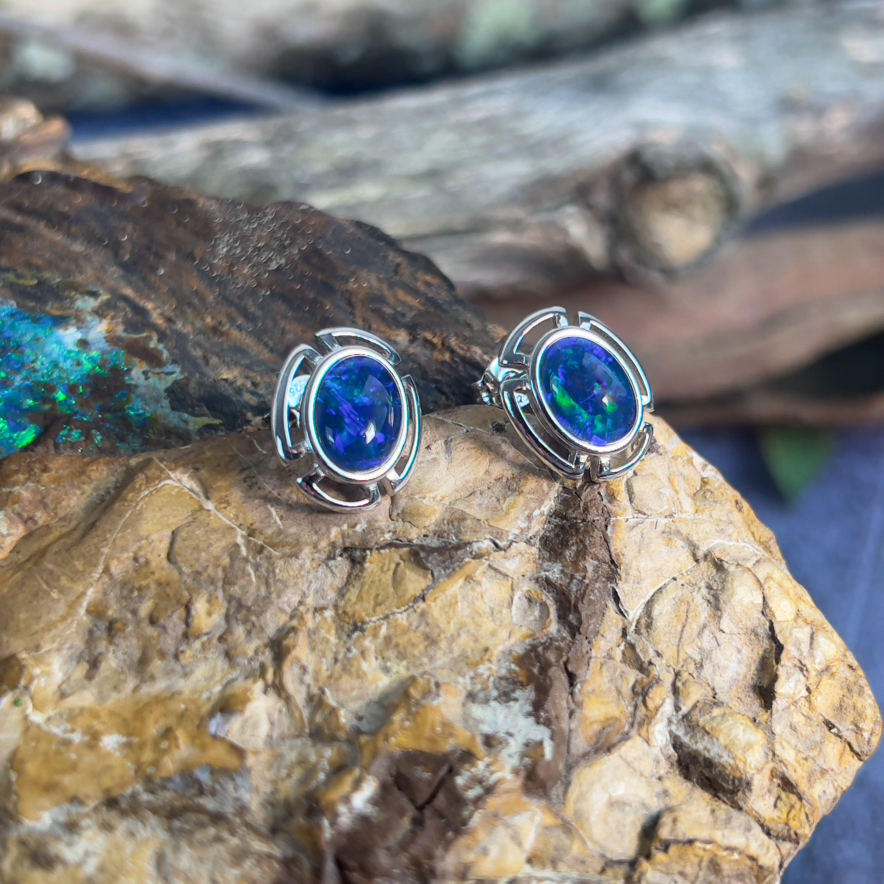 Sterling Silver Opal triplet cut out design studs - Masterpiece Jewellery Opal & Gems Sydney Australia | Online Shop