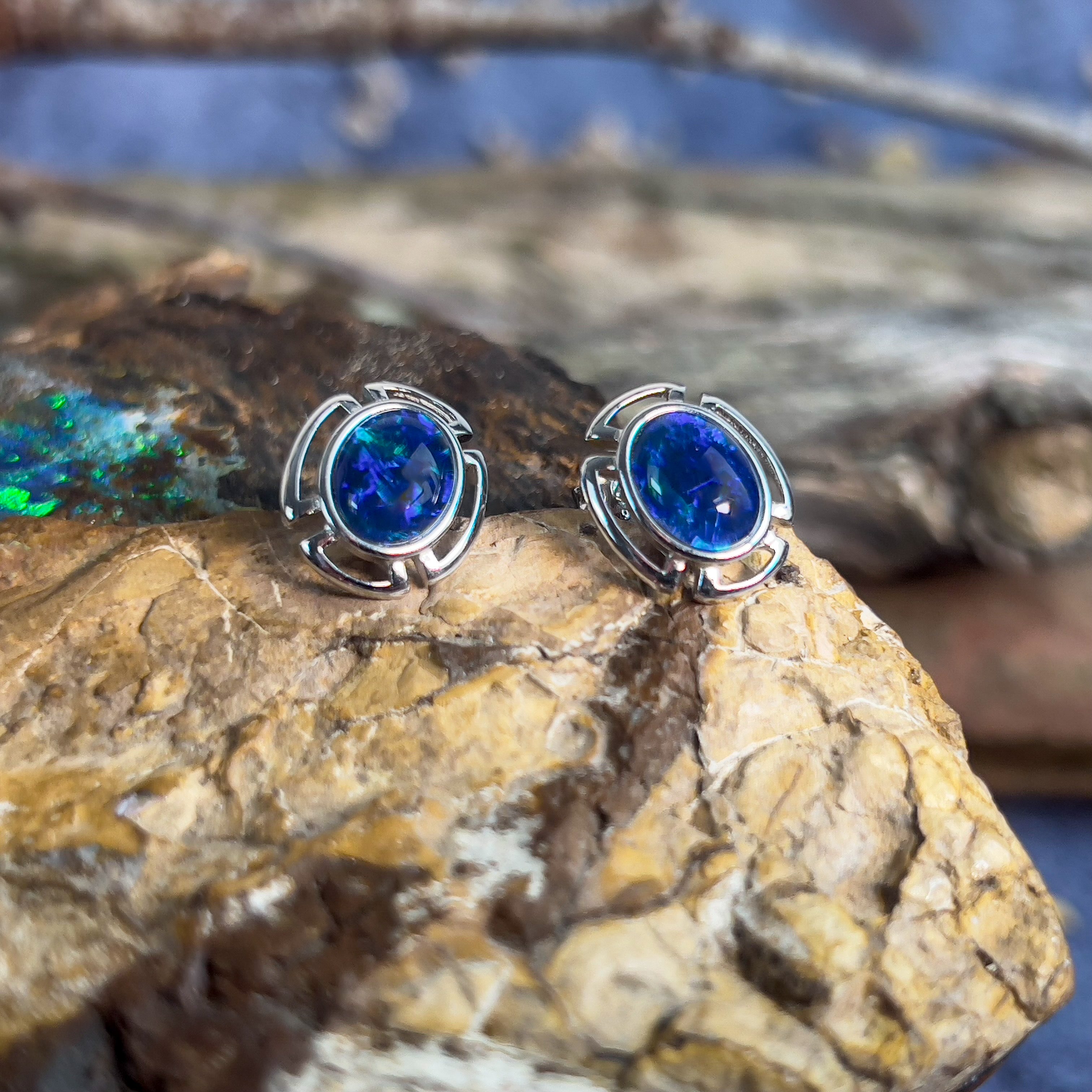 Sterling Silver Opal triplet cut out design studs - Masterpiece Jewellery Opal & Gems Sydney Australia | Online Shop