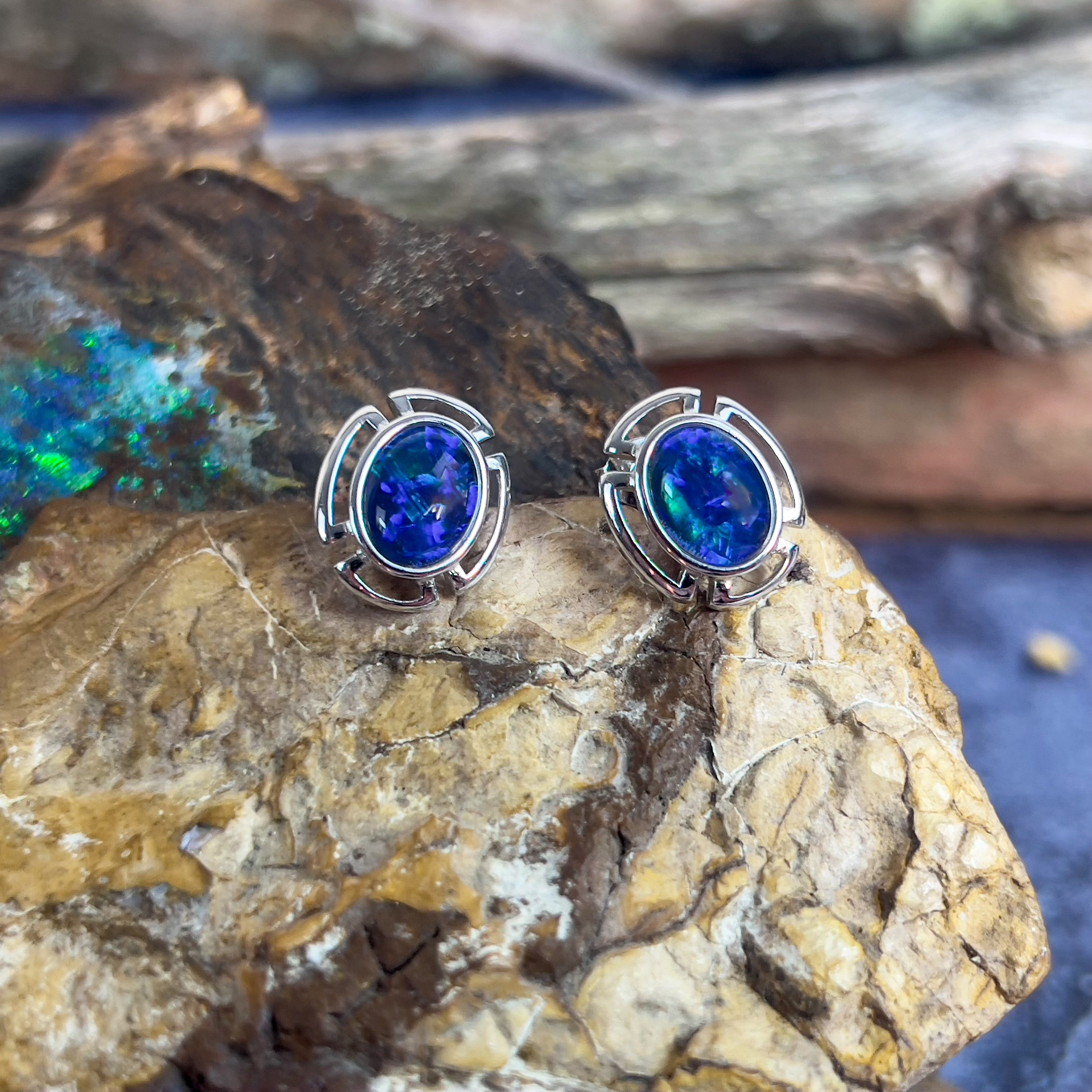 Sterling Silver Opal triplet cut out design studs - Masterpiece Jewellery Opal & Gems Sydney Australia | Online Shop