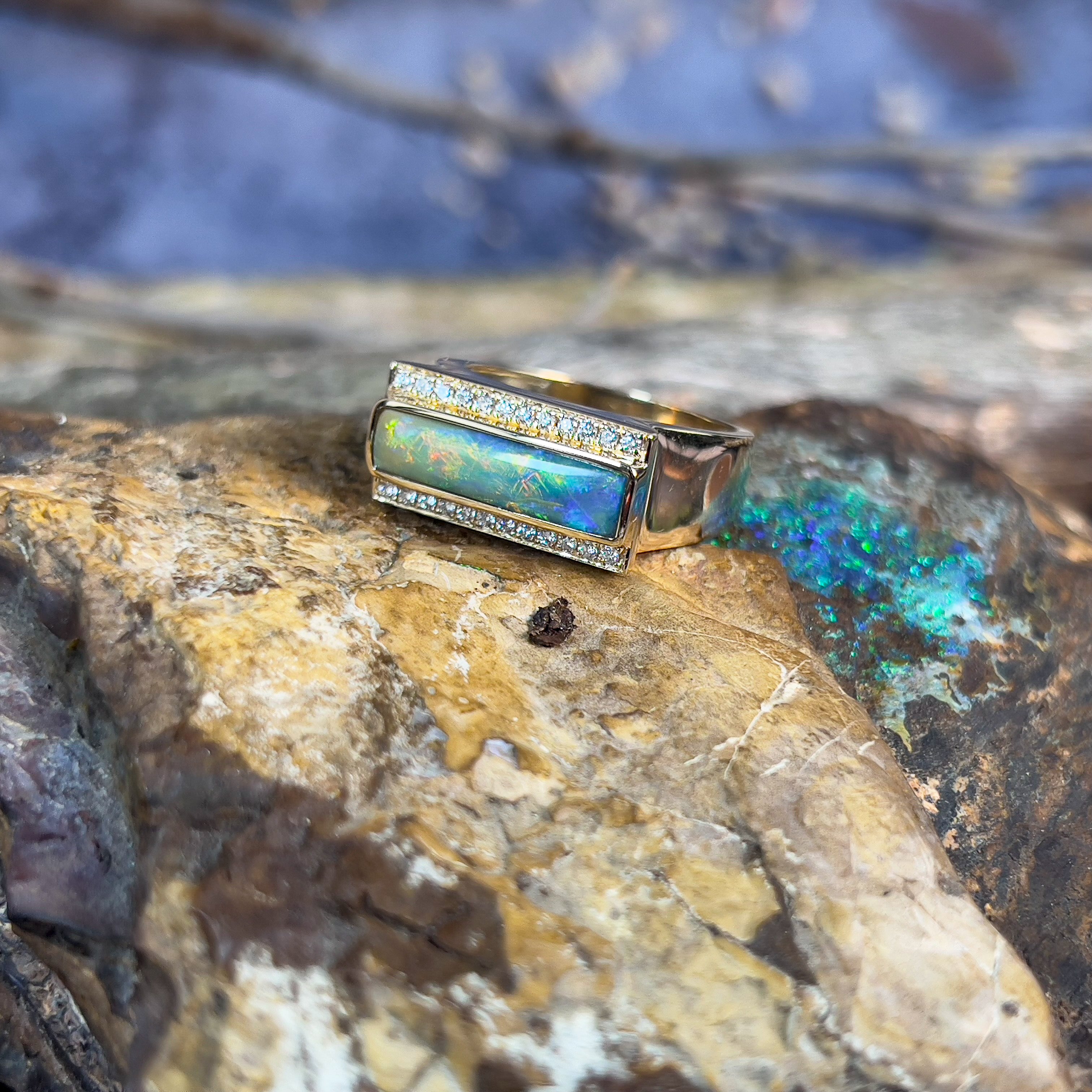 14kt Yellow Gold Boulder oPal 2.13ct and 0.25ct Diamond ring - Masterpiece Jewellery Opal & Gems Sydney Australia | Online Shop
