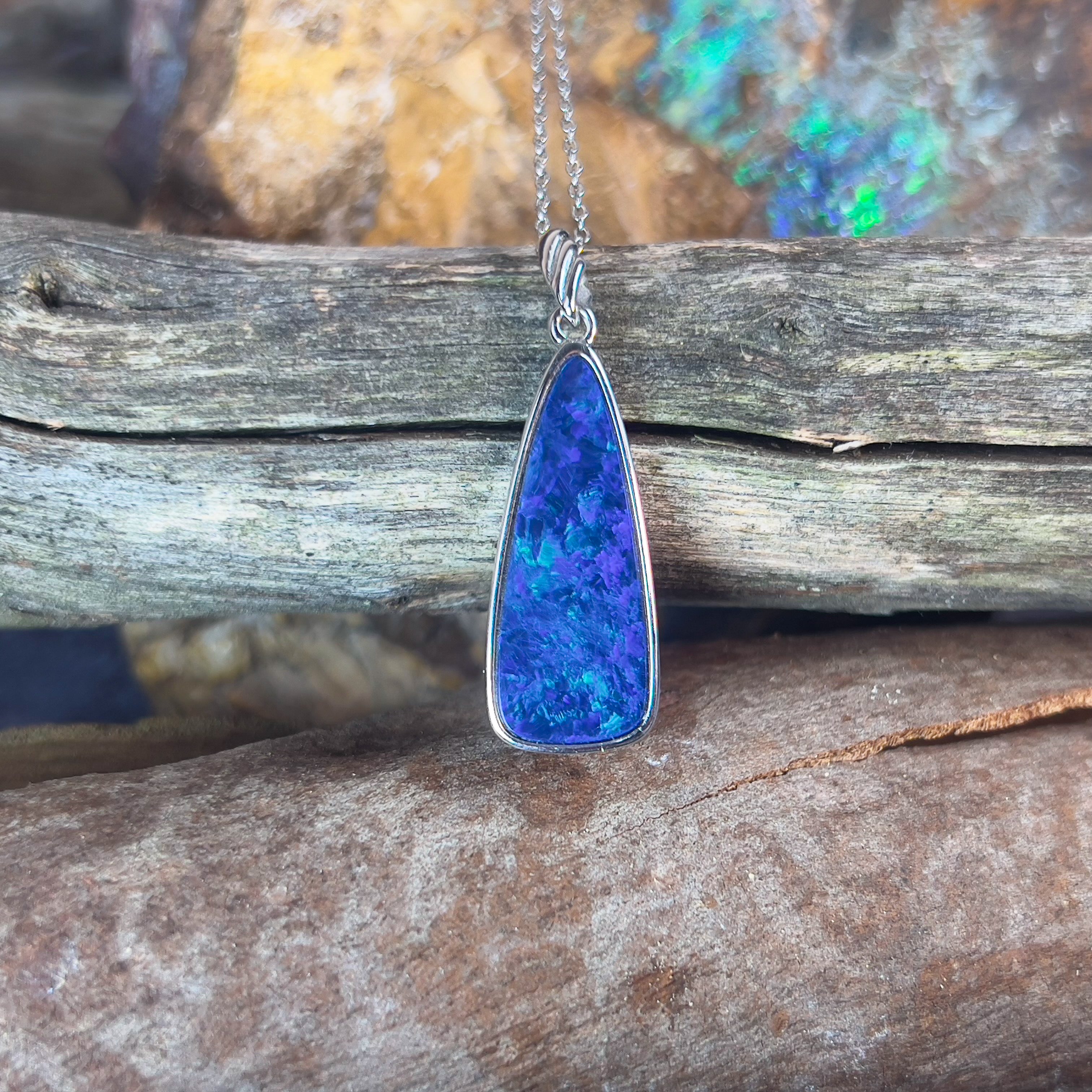 Sterling Silver long Blue Opal doublet 23x9mm pendant - Masterpiece Jewellery Opal & Gems Sydney Australia | Online Shop