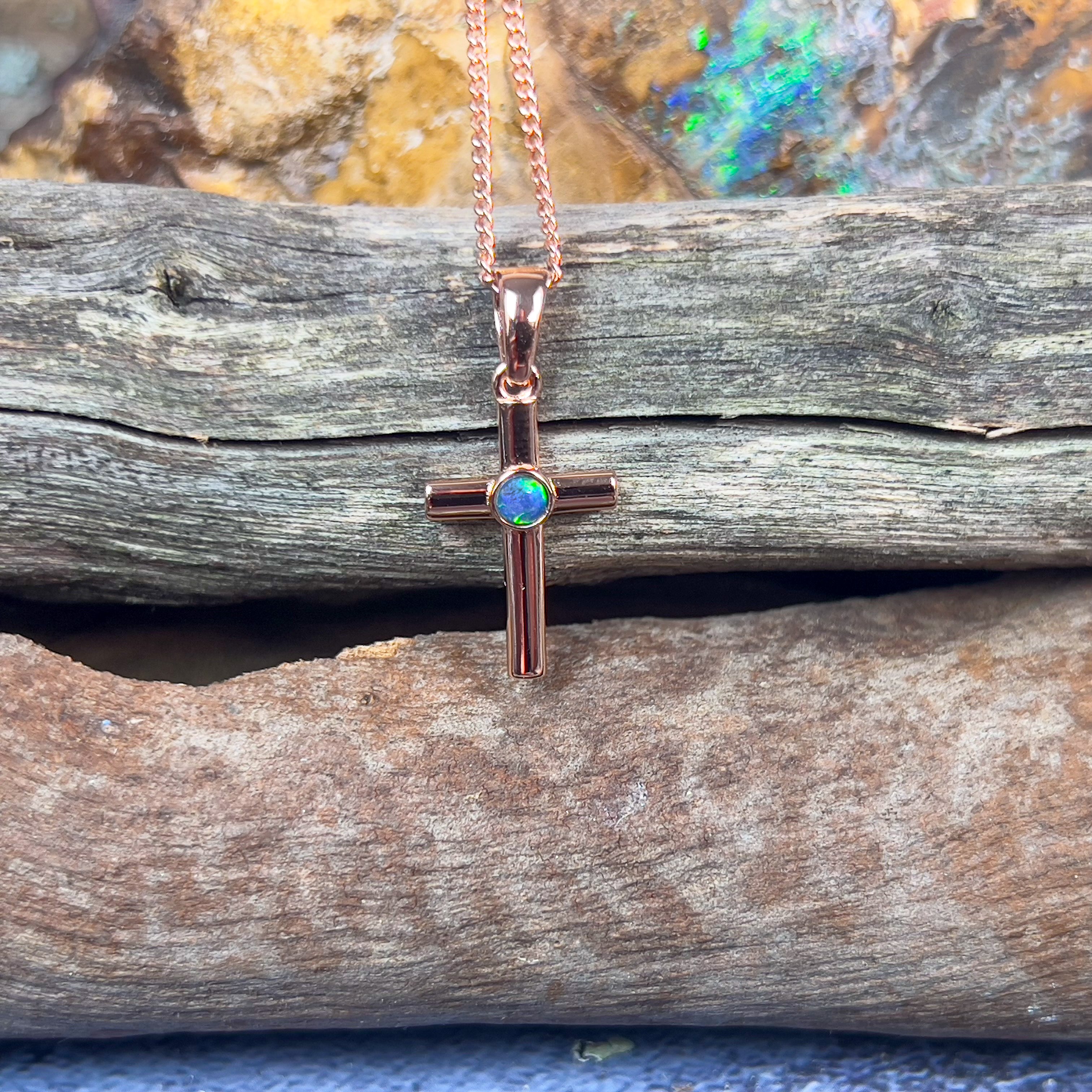 Sterling silver plated with Rose Gold Opal triplet 3mm cross - Masterpiece Jewellery Opal & Gems Sydney Australia | Online Shop