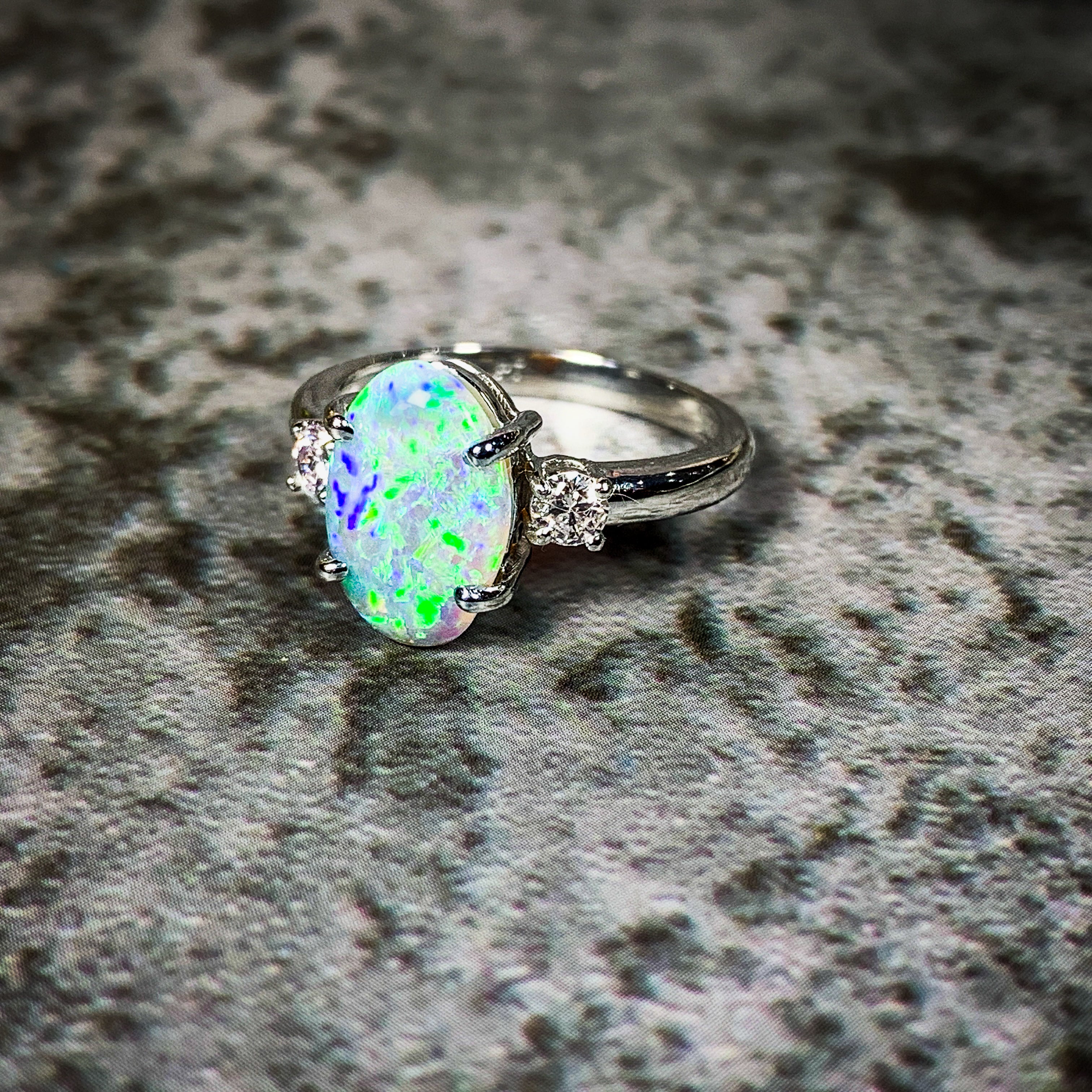 Platinum Black Opal 1.9ct and Diamond 0.24ct trilogy ring - Masterpiece Jewellery Opal & Gems Sydney Australia | Online Shop