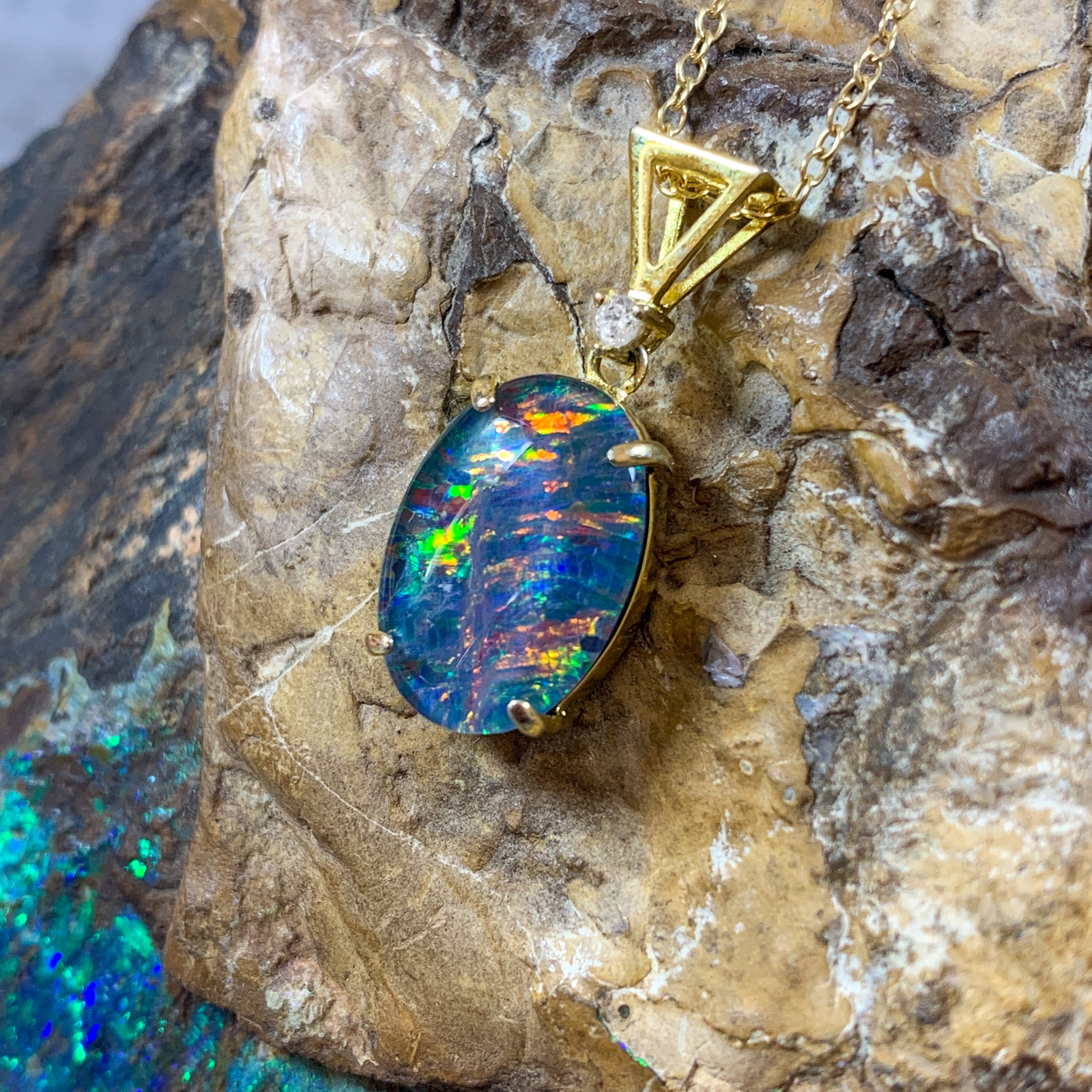 Sterling Silver Gold plated 14x10mm Opal triplet triangle loop pendant - Masterpiece Jewellery Opal & Gems Sydney Australia | Online Shop