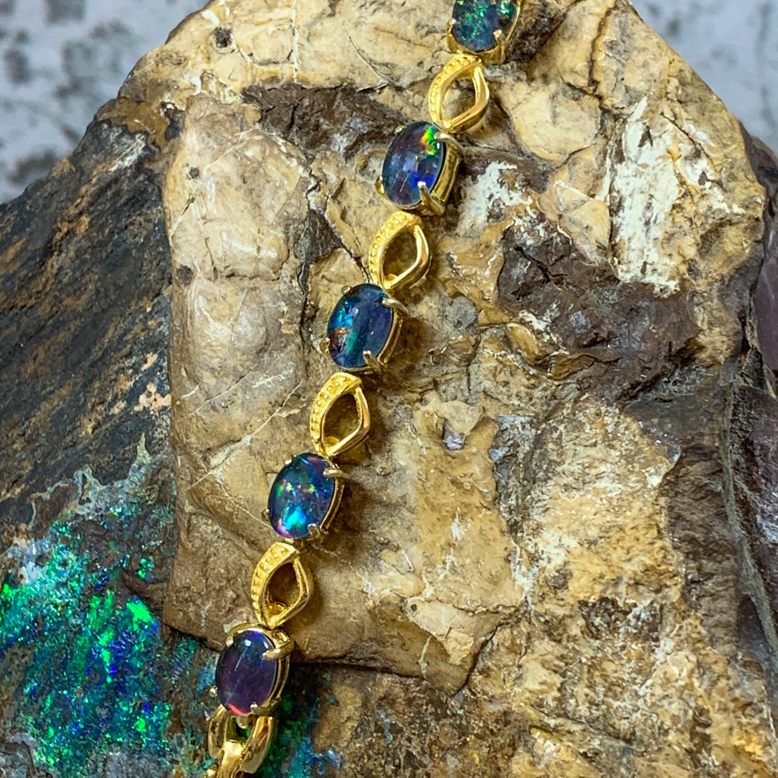 Gold plated sterling Silver 7x5mm Opal triplet bracelet patterned - Masterpiece Jewellery Opal & Gems Sydney Australia | Online Shop