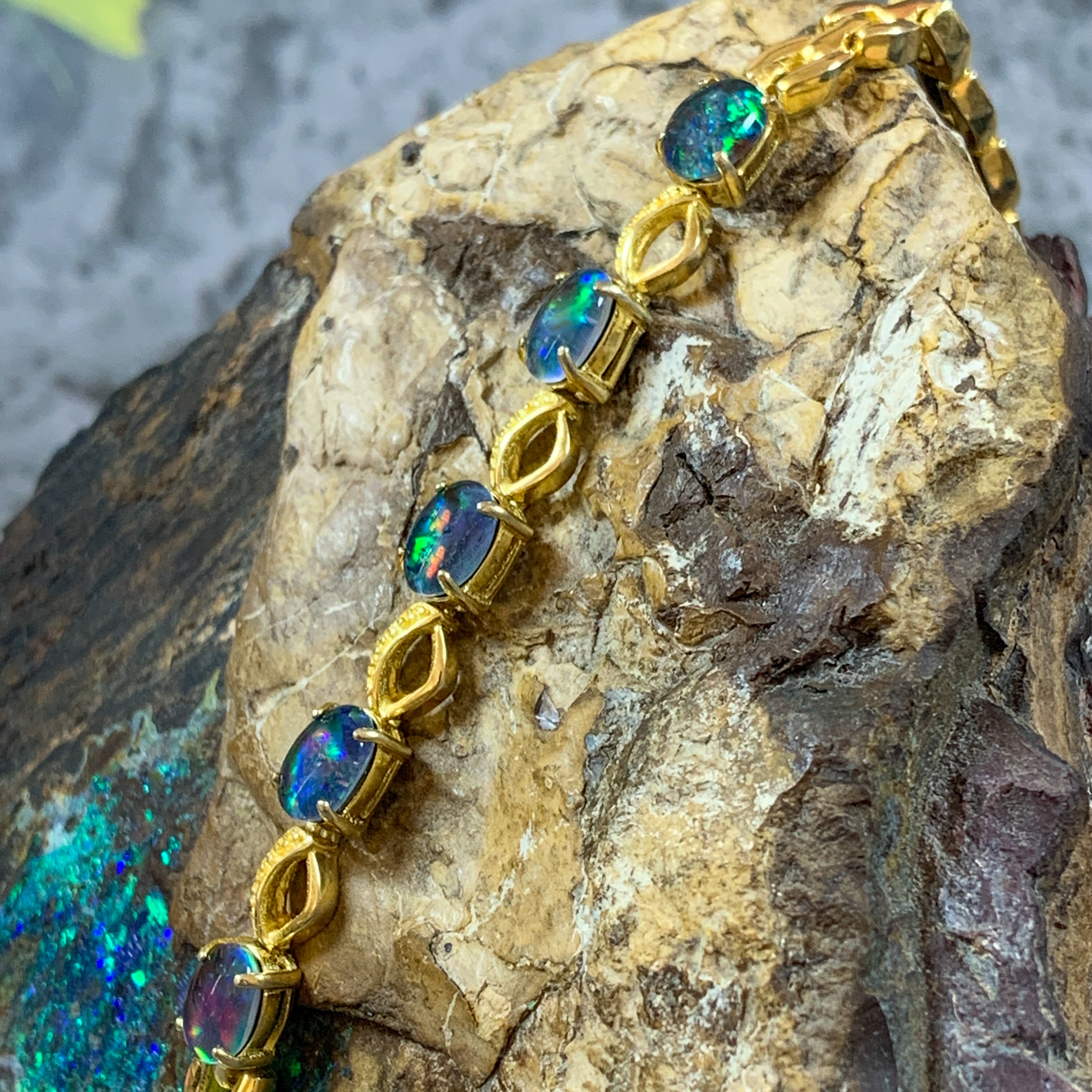 Gold plated sterling Silver 7x5mm Opal triplet bracelet patterned - Masterpiece Jewellery Opal & Gems Sydney Australia | Online Shop
