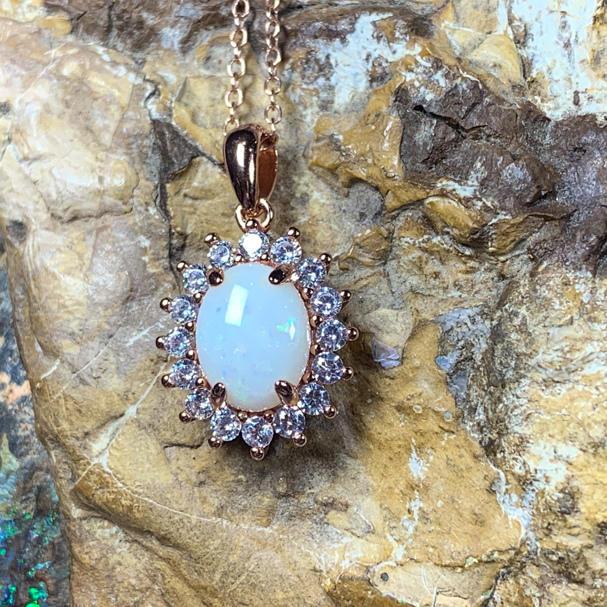 Rose Gold plated silver cluster 9x7mm White Opal pendant - Masterpiece Jewellery Opal & Gems Sydney Australia | Online Shop
