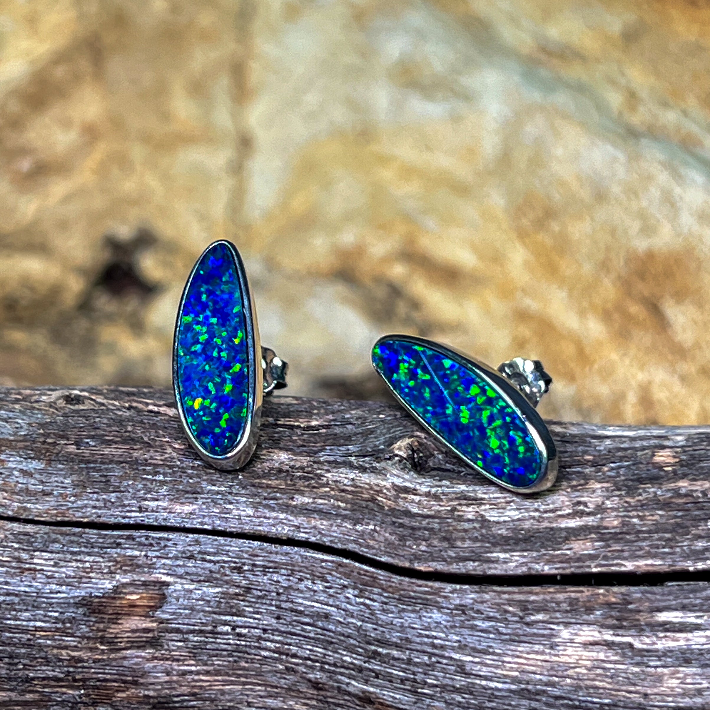 Sterling Silver freeform Blue Green Opal doublets long studs