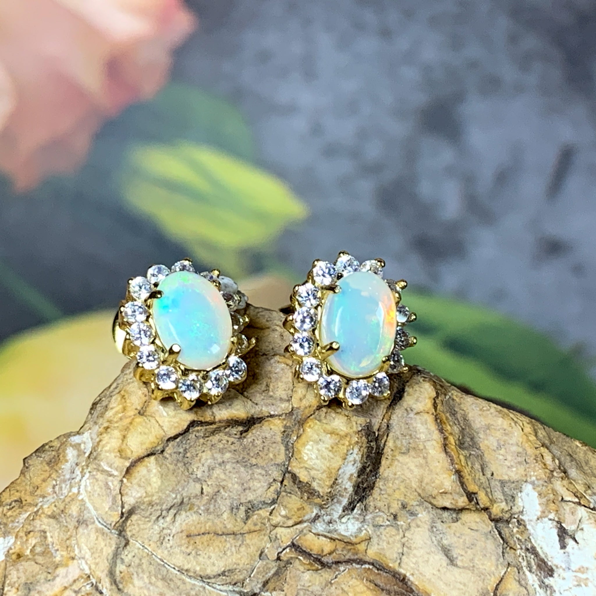 Gold Plated silver cluster 7x5mm White Opal earrings - Masterpiece Jewellery Opal & Gems Sydney Australia | Online Shop