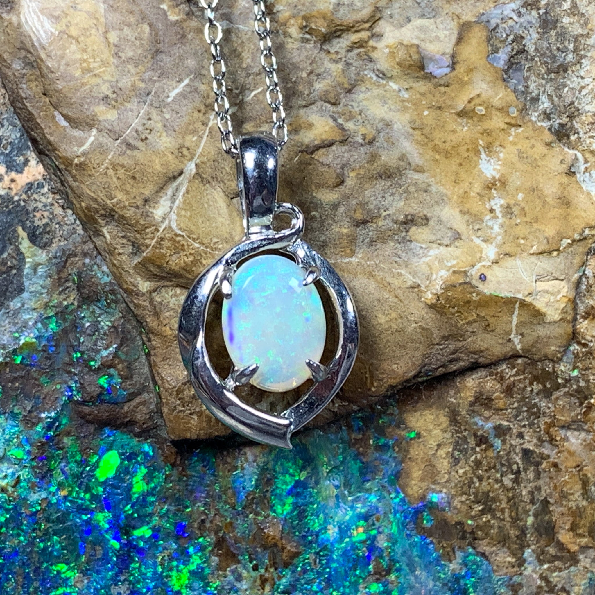 Sterling Silver 8x6mm White Opal Swirl loop design pendant - Masterpiece Jewellery Opal & Gems Sydney Australia | Online Shop