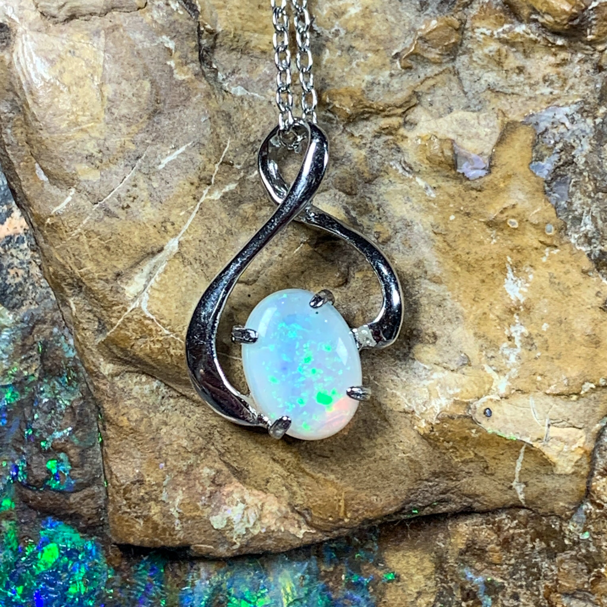 Sterling Silver White Opal pendant necklace loop design with opal 8x6mm - Masterpiece Jewellery Opal & Gems Sydney Australia | Online Shop