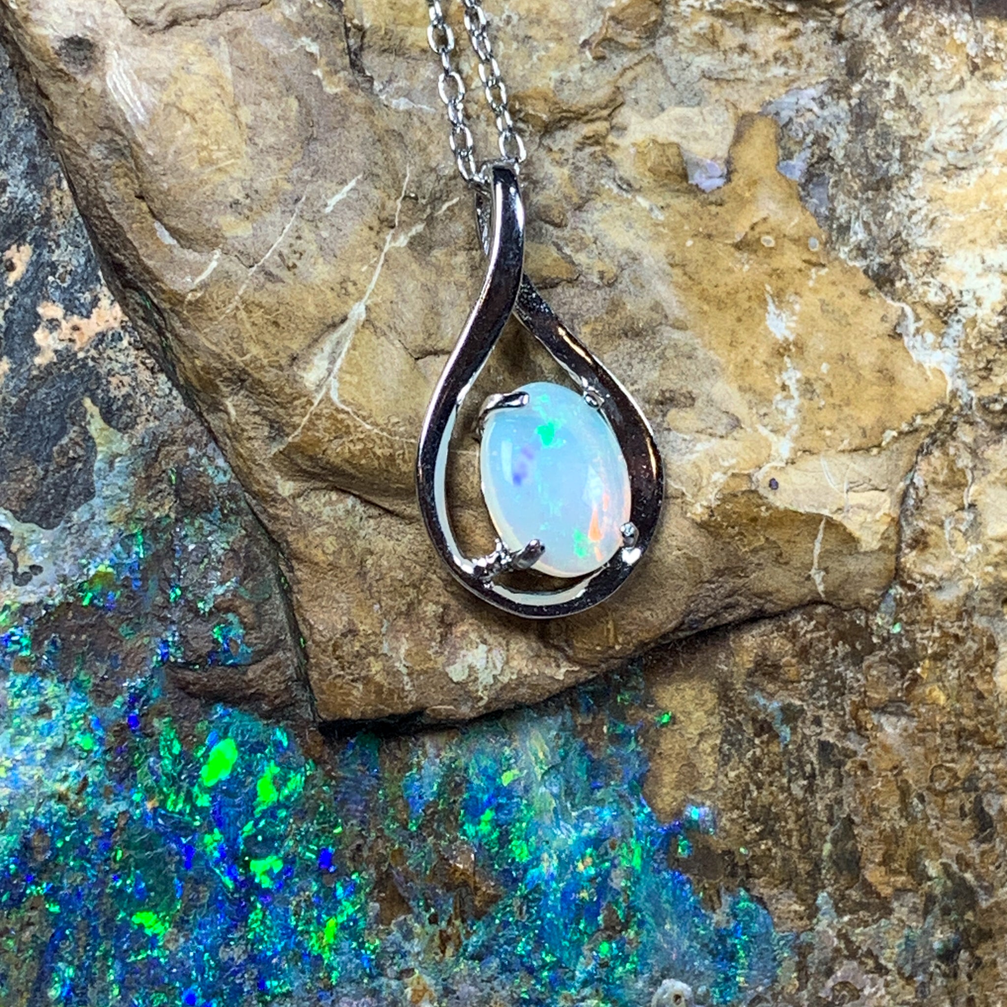 Sterling Silver 8x6mm White Opal Tear drop design pendant - Masterpiece Jewellery Opal & Gems Sydney Australia | Online Shop