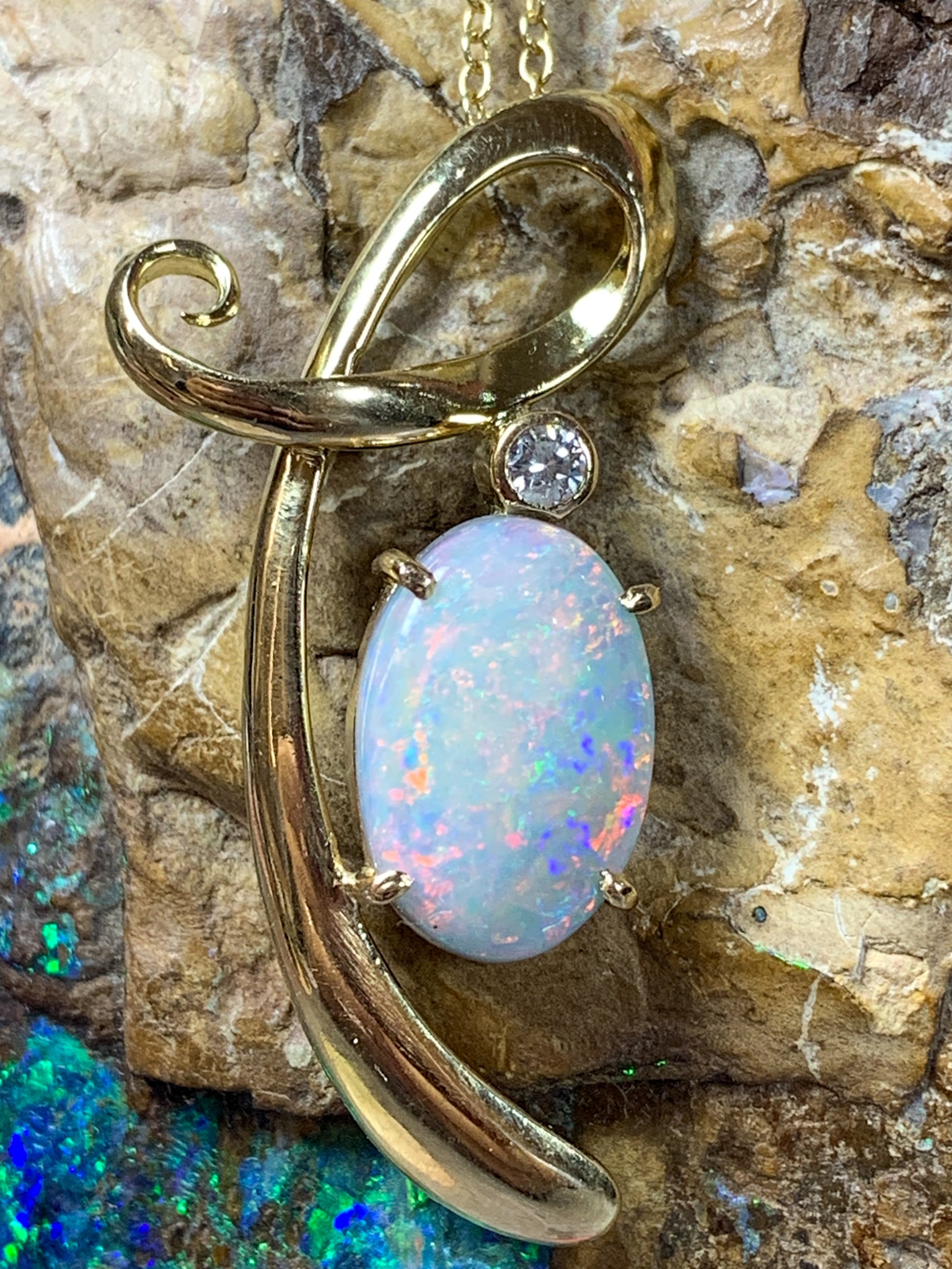 18kt Yellow Gold Black Opal Necklace with Opal 4.7ct and 0.1ct Diamond pendant - Masterpiece Jewellery Opal & Gems Sydney Australia | Online Shop