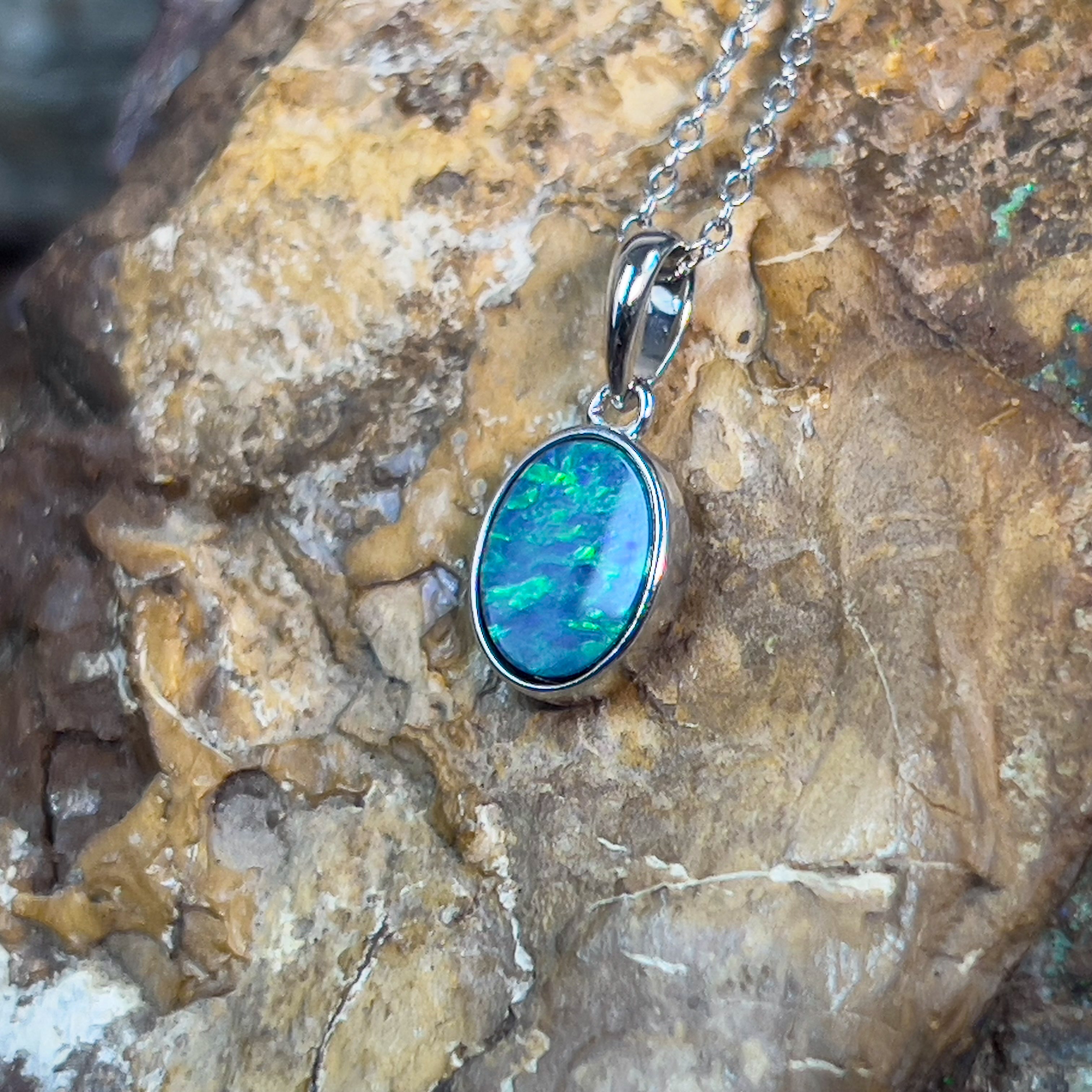 9kt White Gold 8x6mm Opal doublet bezel set pendant - Masterpiece Jewellery Opal & Gems Sydney Australia | Online Shop