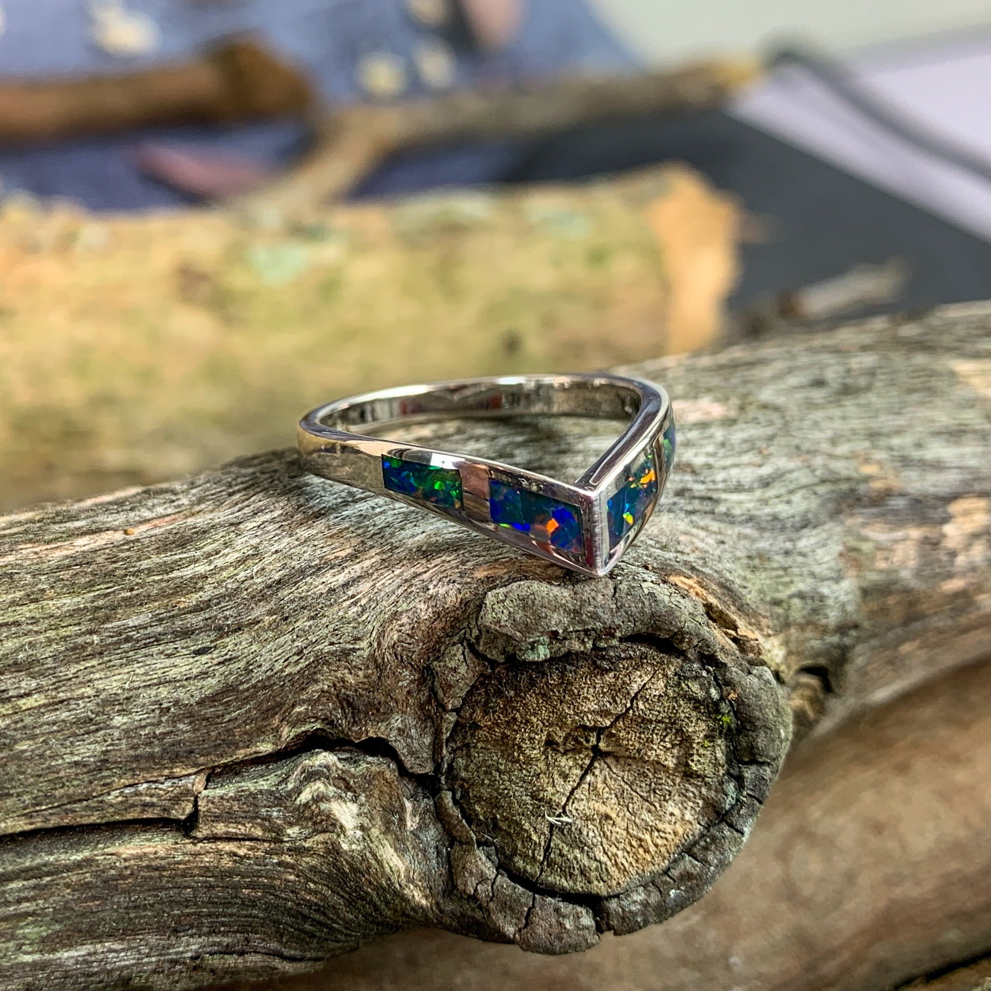Sterling Silver V-shape inlay Opal band - Masterpiece Jewellery Opal & Gems Sydney Australia | Online Shop