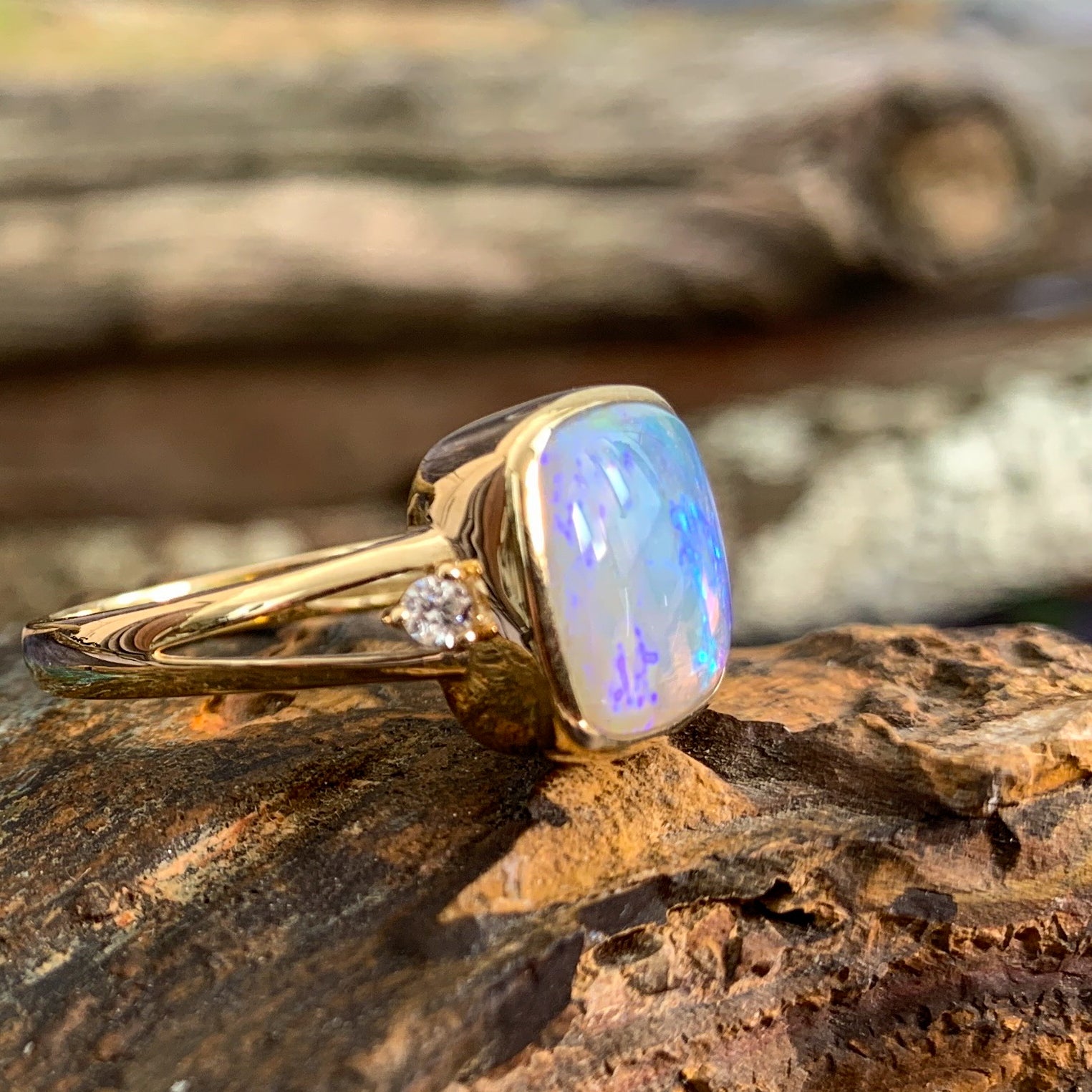 14kt Yellow Gold square Crystal Opal and diamond ring - Masterpiece Jewellery Opal & Gems Sydney Australia | Online Shop