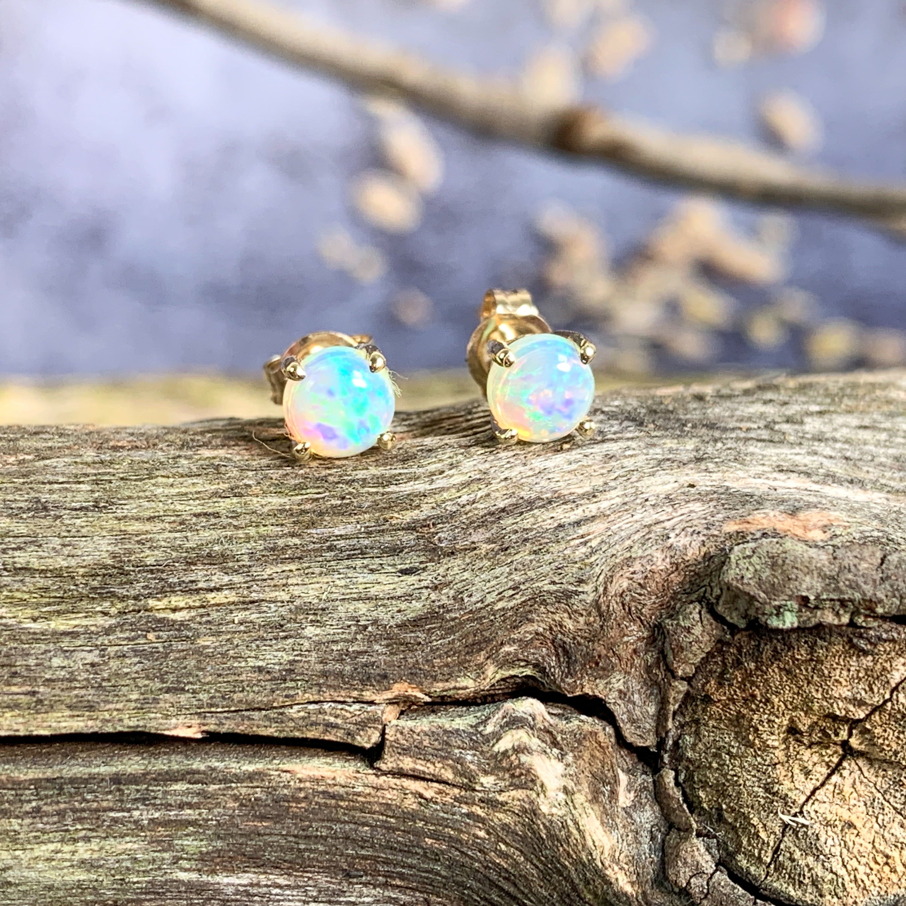 One pair of 9kt Yellow Gold 5mm Round Crystal Opal studs - Masterpiece Jewellery Opal & Gems Sydney Australia | Online Shop