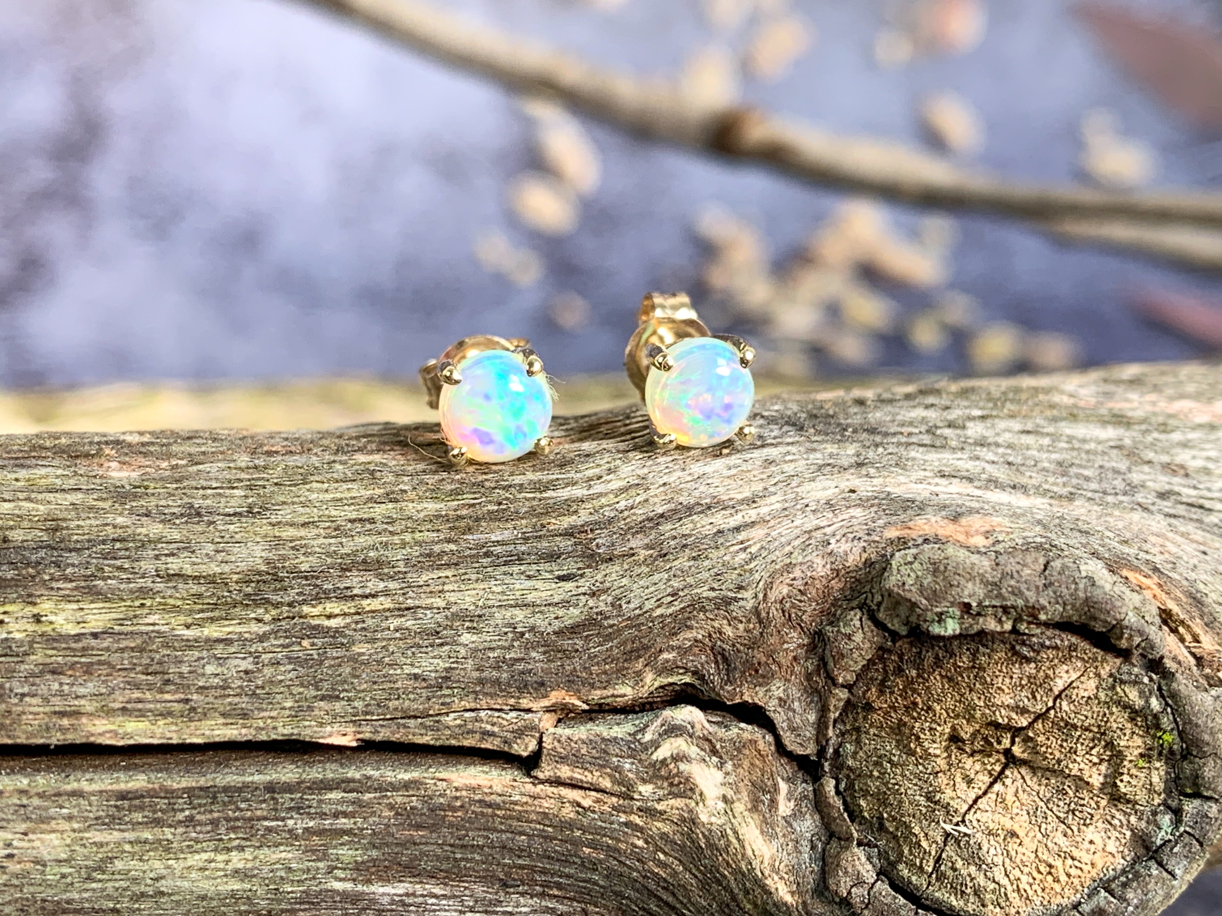 One pair of 9kt Yellow Gold 5mm Round Crystal Opal studs - Masterpiece Jewellery Opal & Gems Sydney Australia | Online Shop