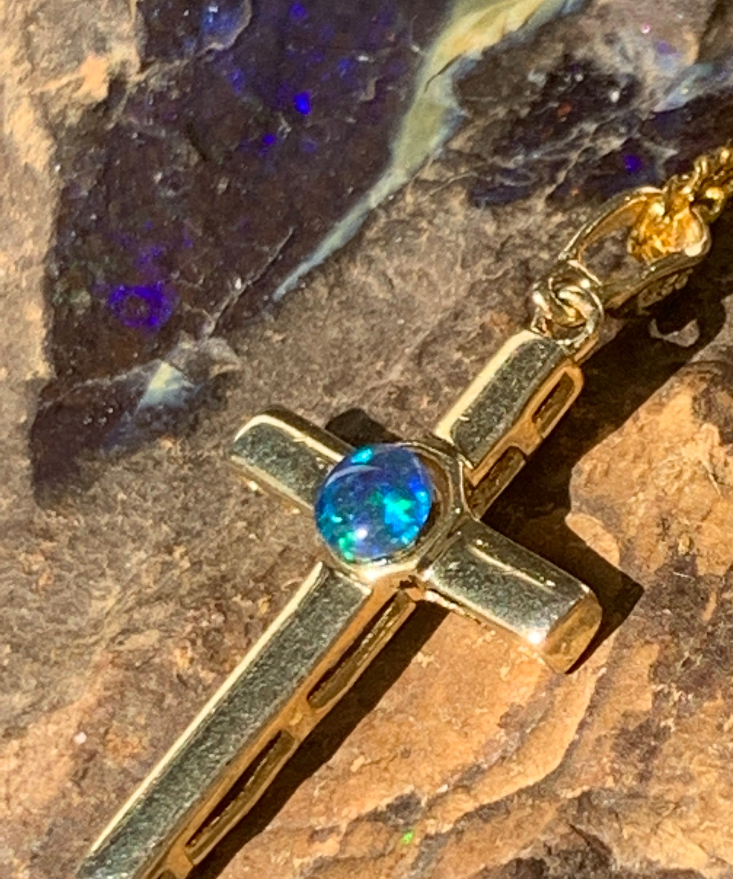 Sterling Silver Gold plated cross with 5mm Opal triplet - Masterpiece Jewellery Opal & Gems Sydney Australia | Online Shop